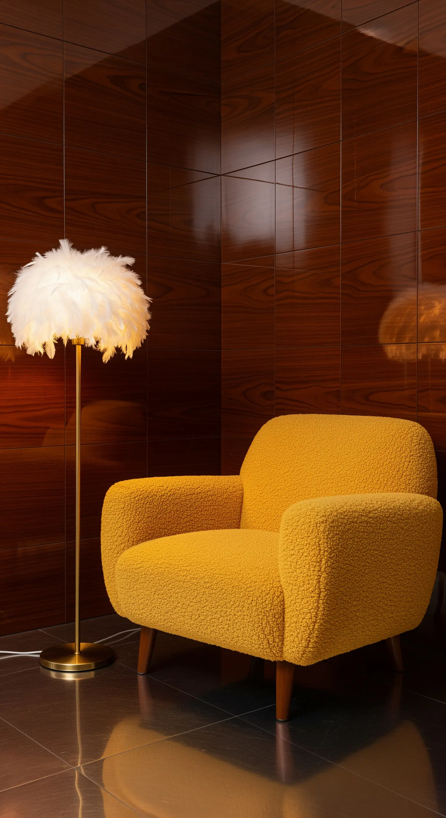 Poltrona bouclé senape con lampada da terra con paralume di piume e boiserie scura.