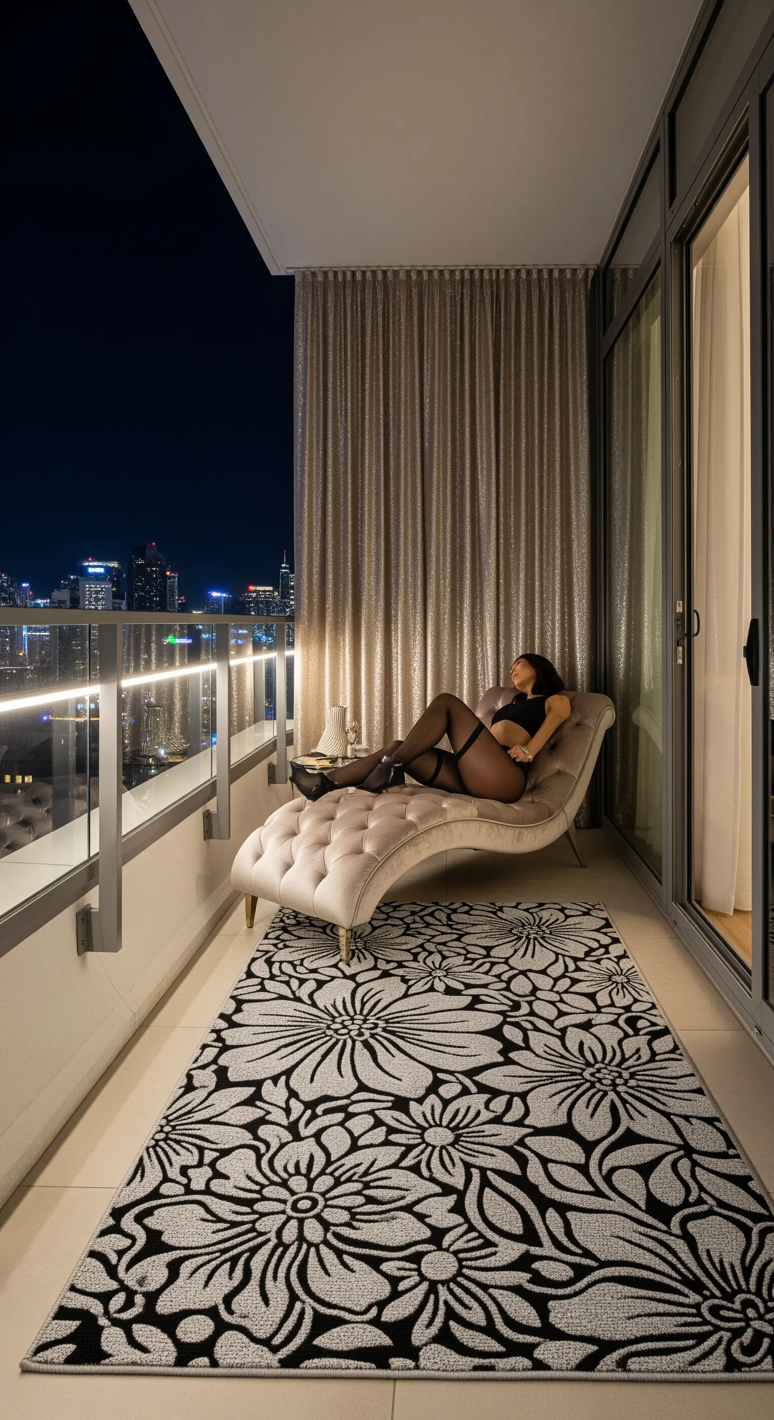 Balcone di lusso con chaise longue in velluto, tappeto floreale bianco e nero e tende dorate.