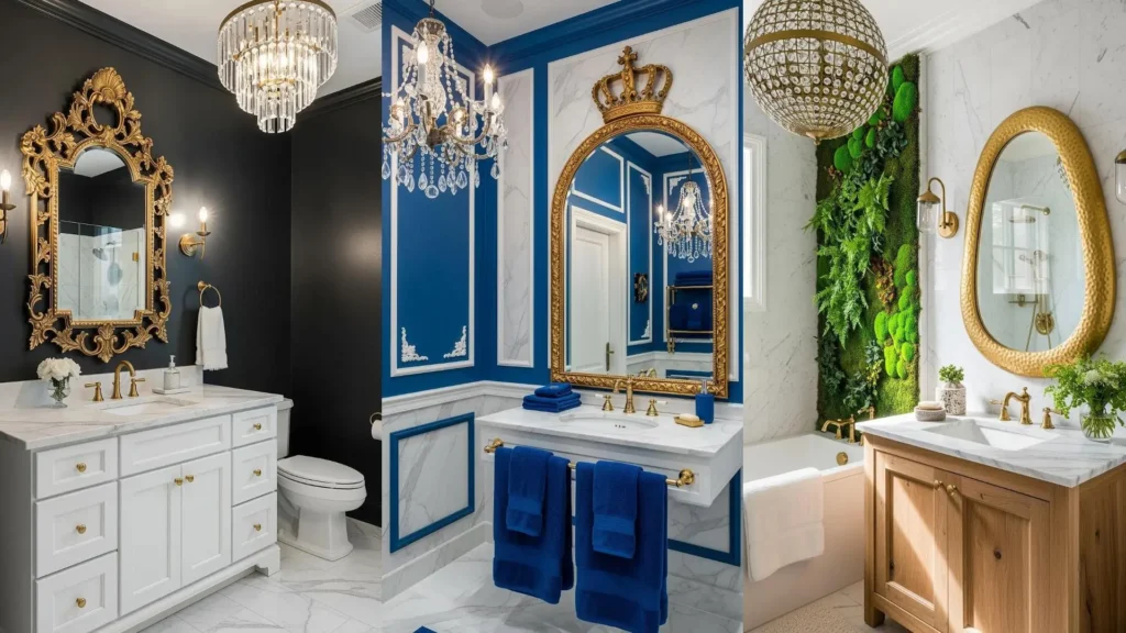 Interni di bagni glamour con specchi dorati, lampadari in cristallo e finiture in marmo bianco, per un look lussuoso.