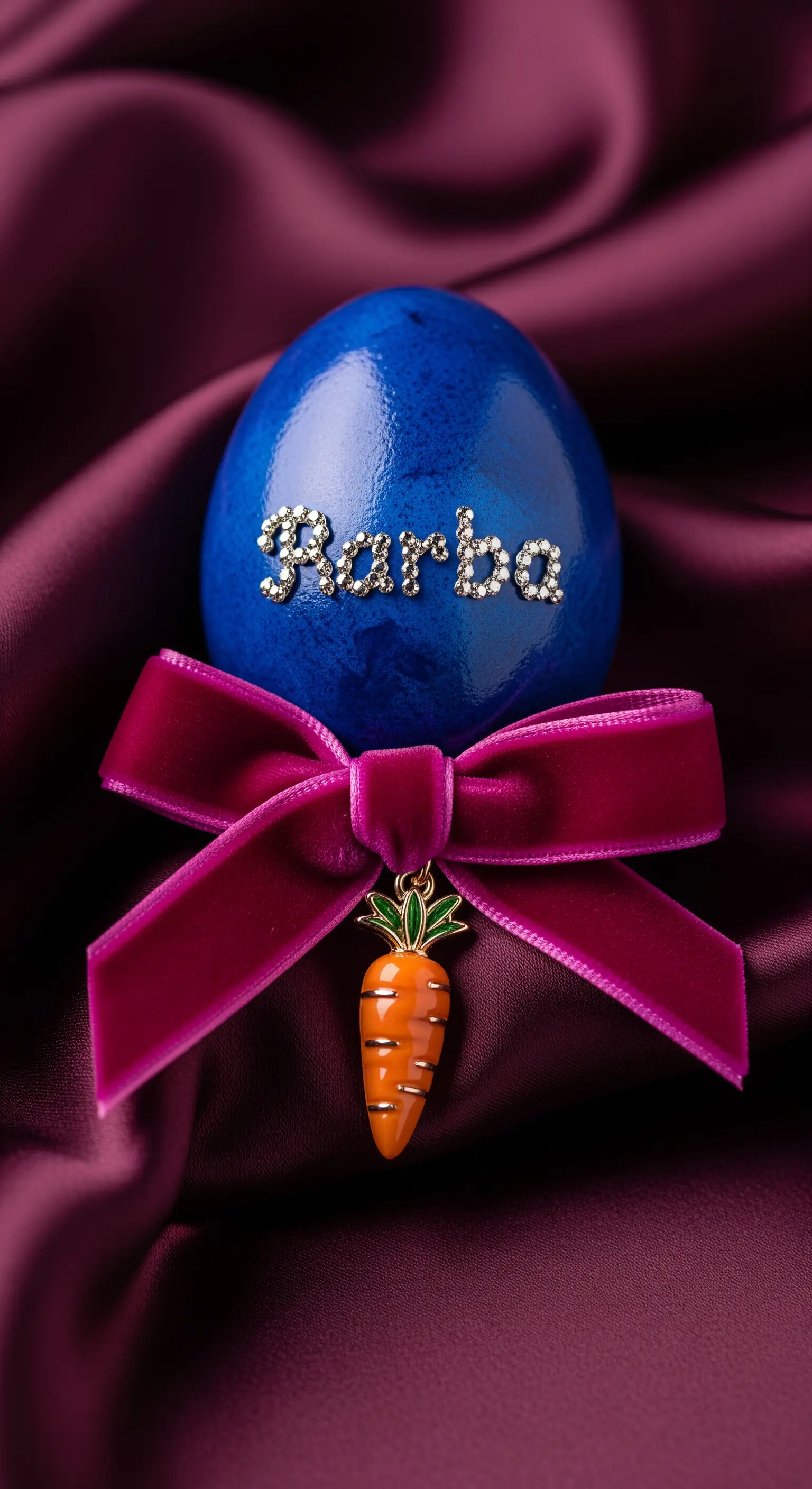 Segnaposto glamour con uovo blu, nome in strass, fiocco in velluto e charm a carota.