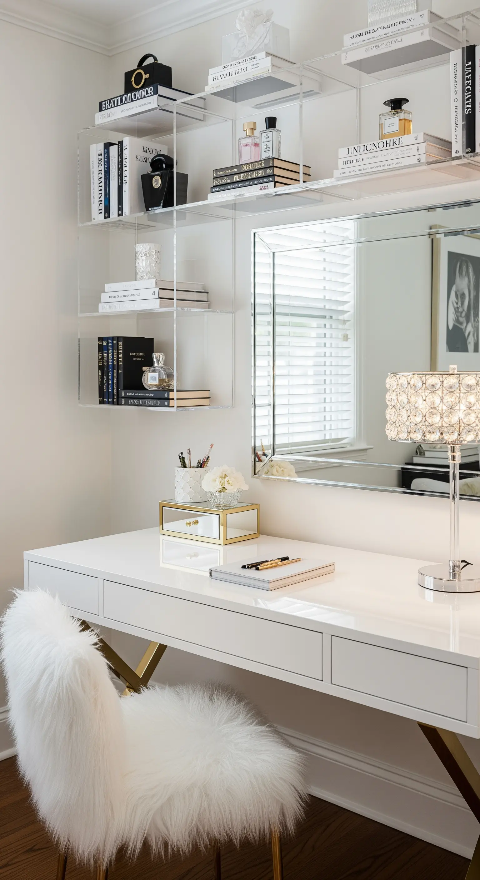 Scrivania bianca e oro con sedia in pelliccia sintetica e mensole in acrilico trasparente.