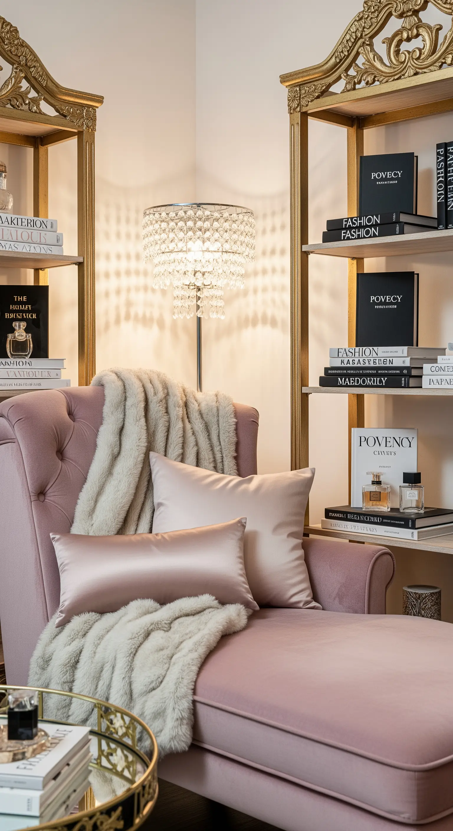 Chaise longue in velluto rosa con librerie dorate e lampada di cristallo.