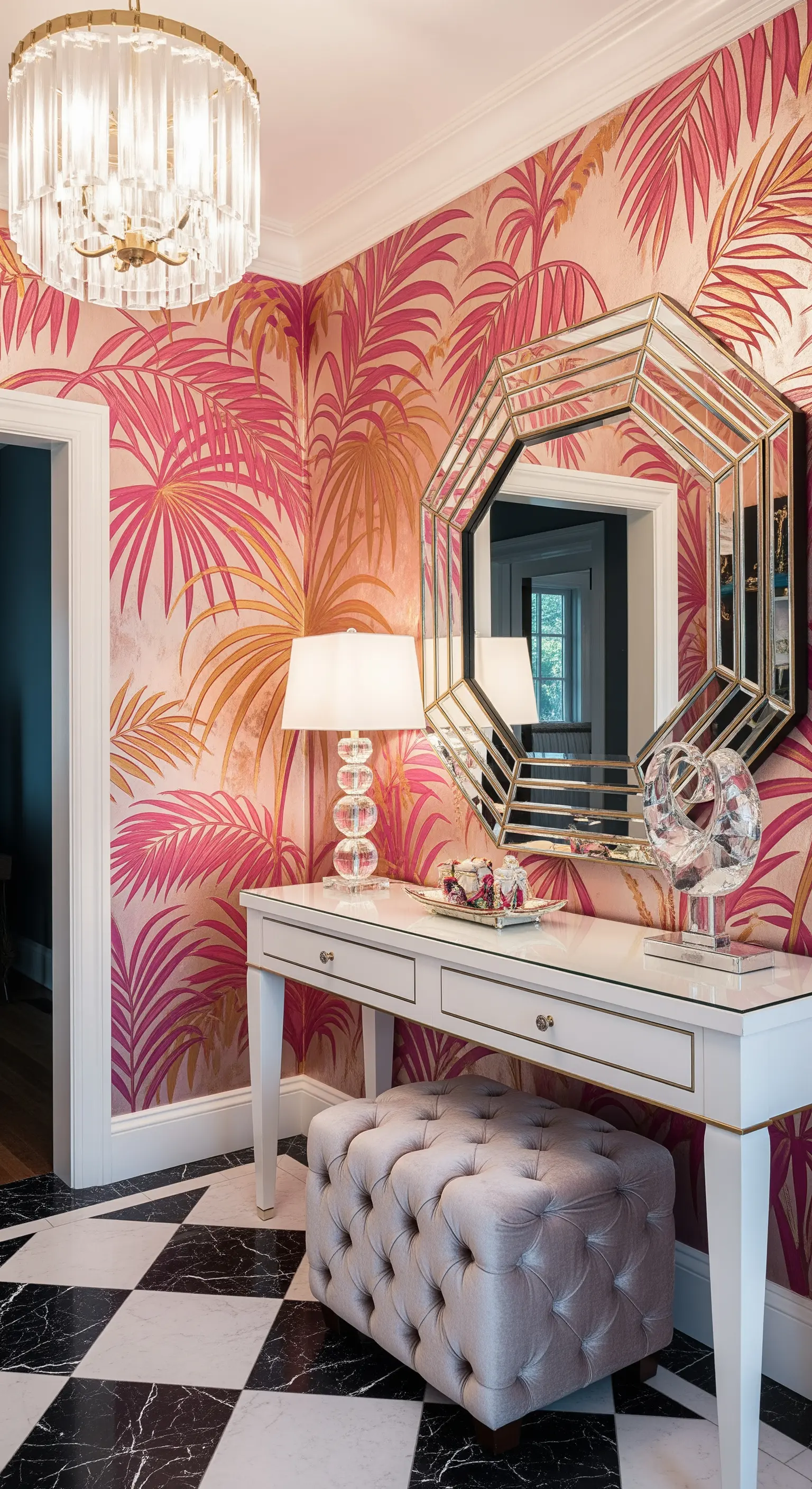 Ingresso con carta da parati rosa a tema palme, specchio ottagonale e consolle bianca.