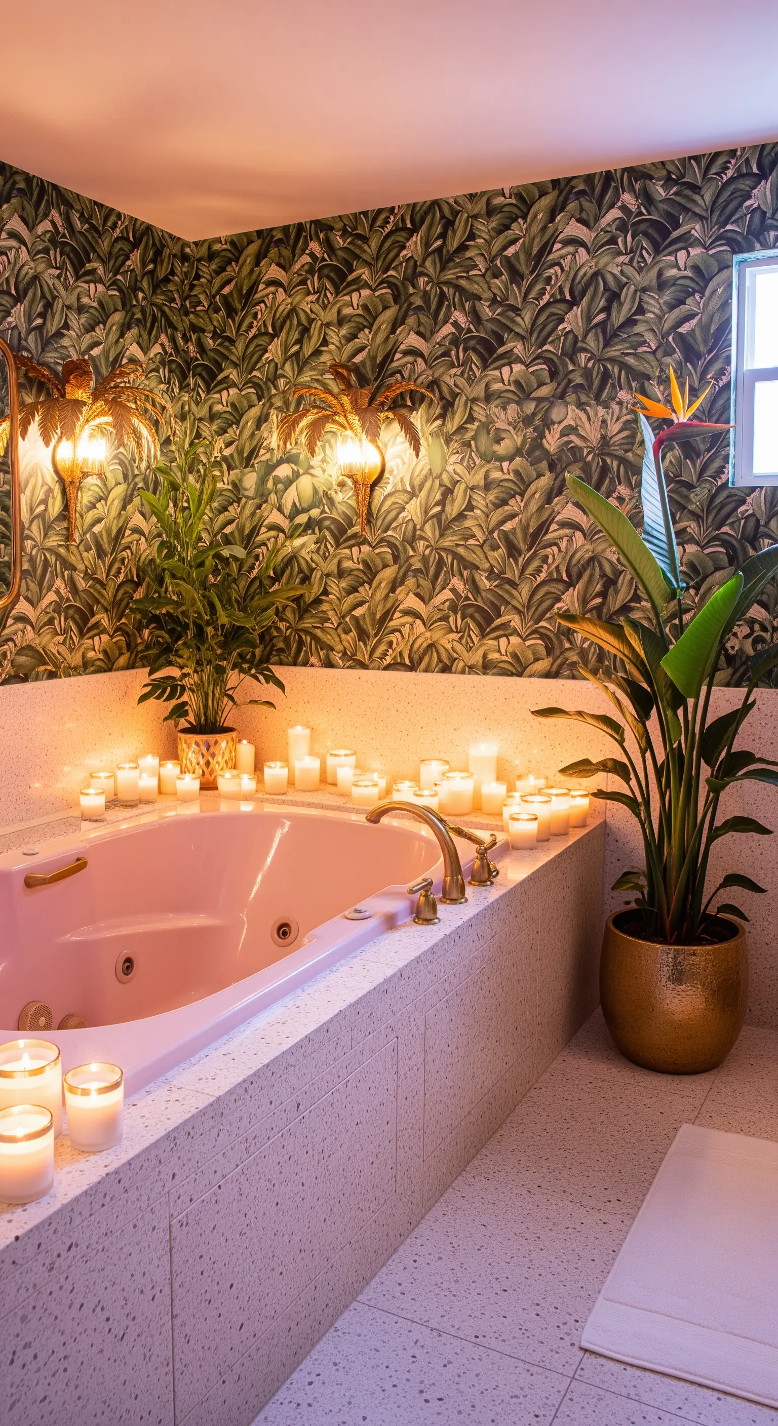 Bagno con vasca rosa, carta da parati a tema giungla e applique a forma di palma.
