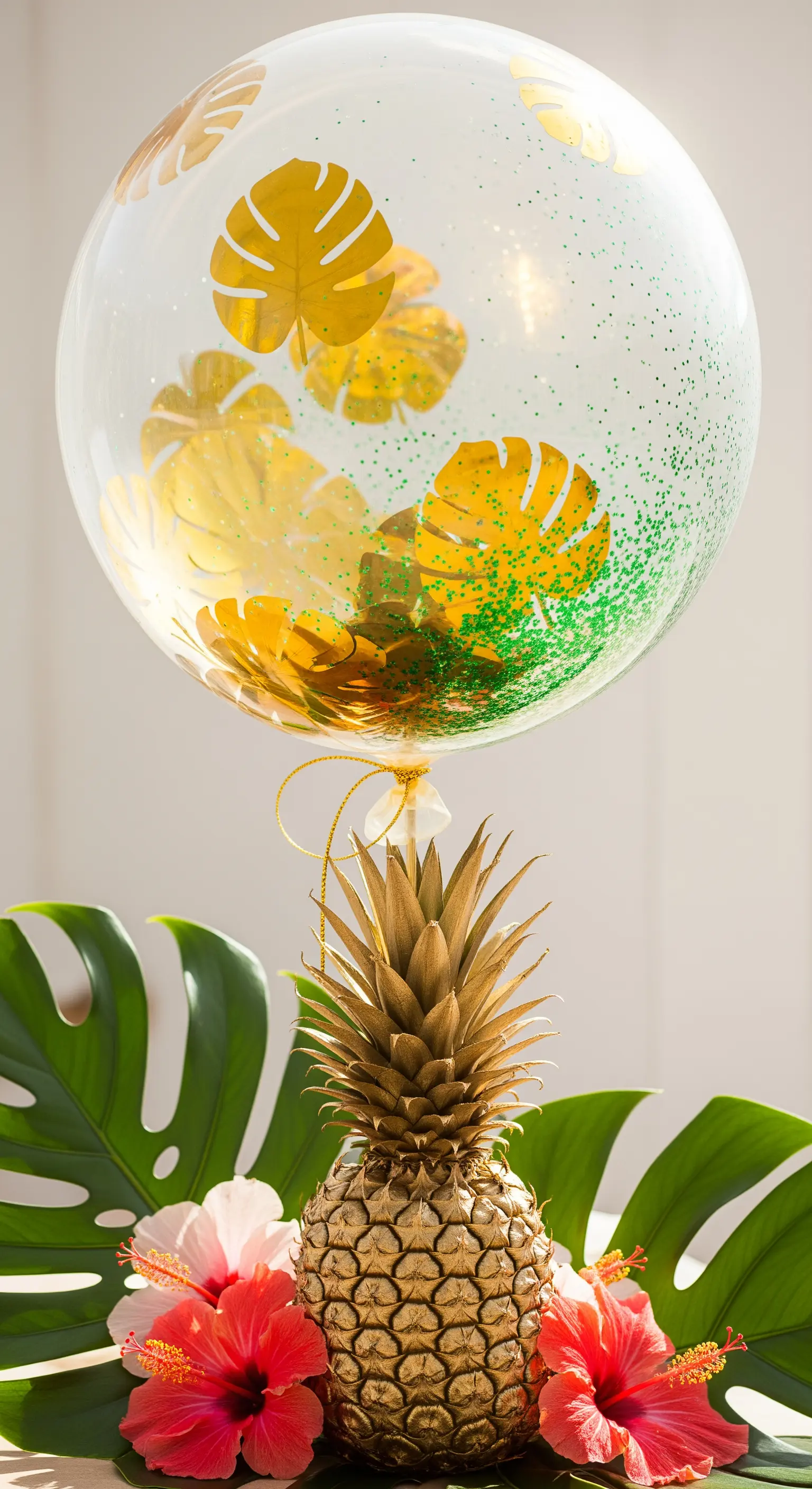 Centrotavola tropicale con ananas dorato e palloncino decorato con foglie di monstera e glitter.