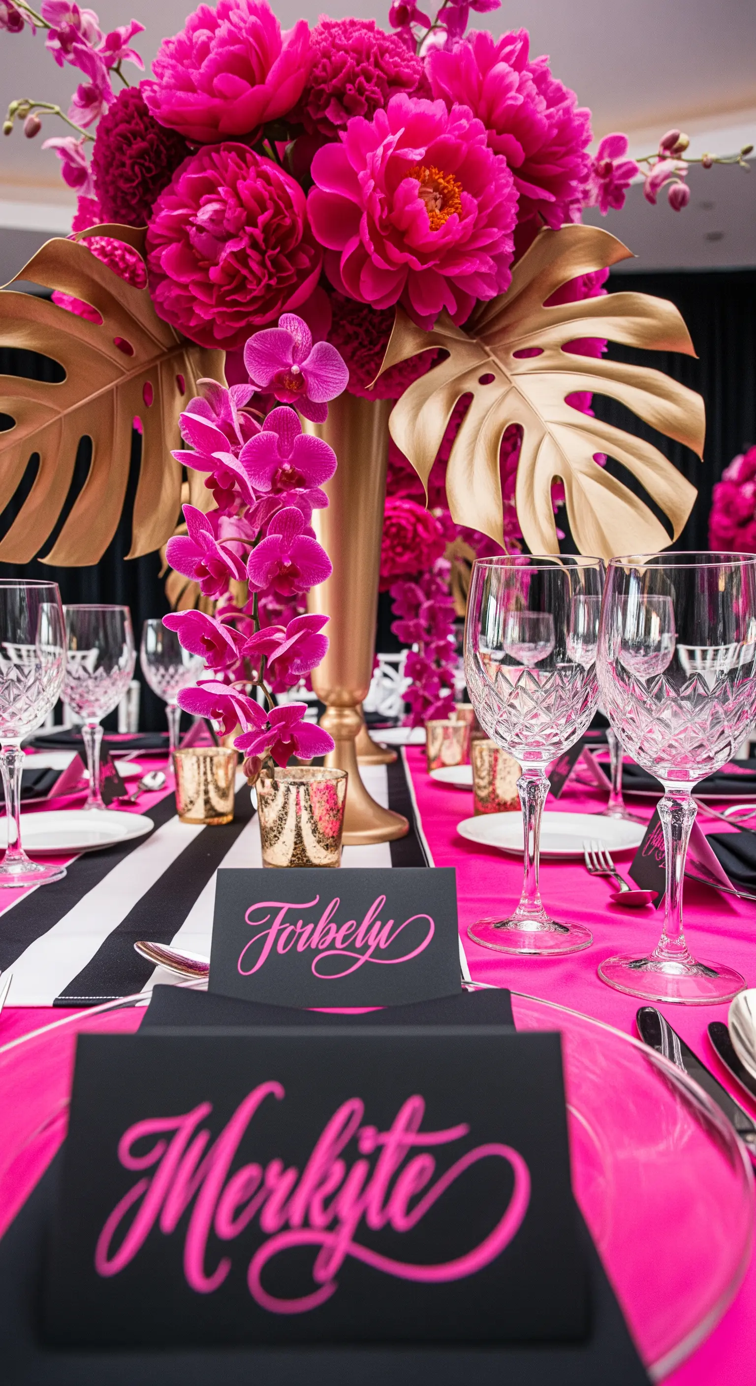 Tavola fucsia e nera con peonie, foglie di monstera dorate e runner a righe.