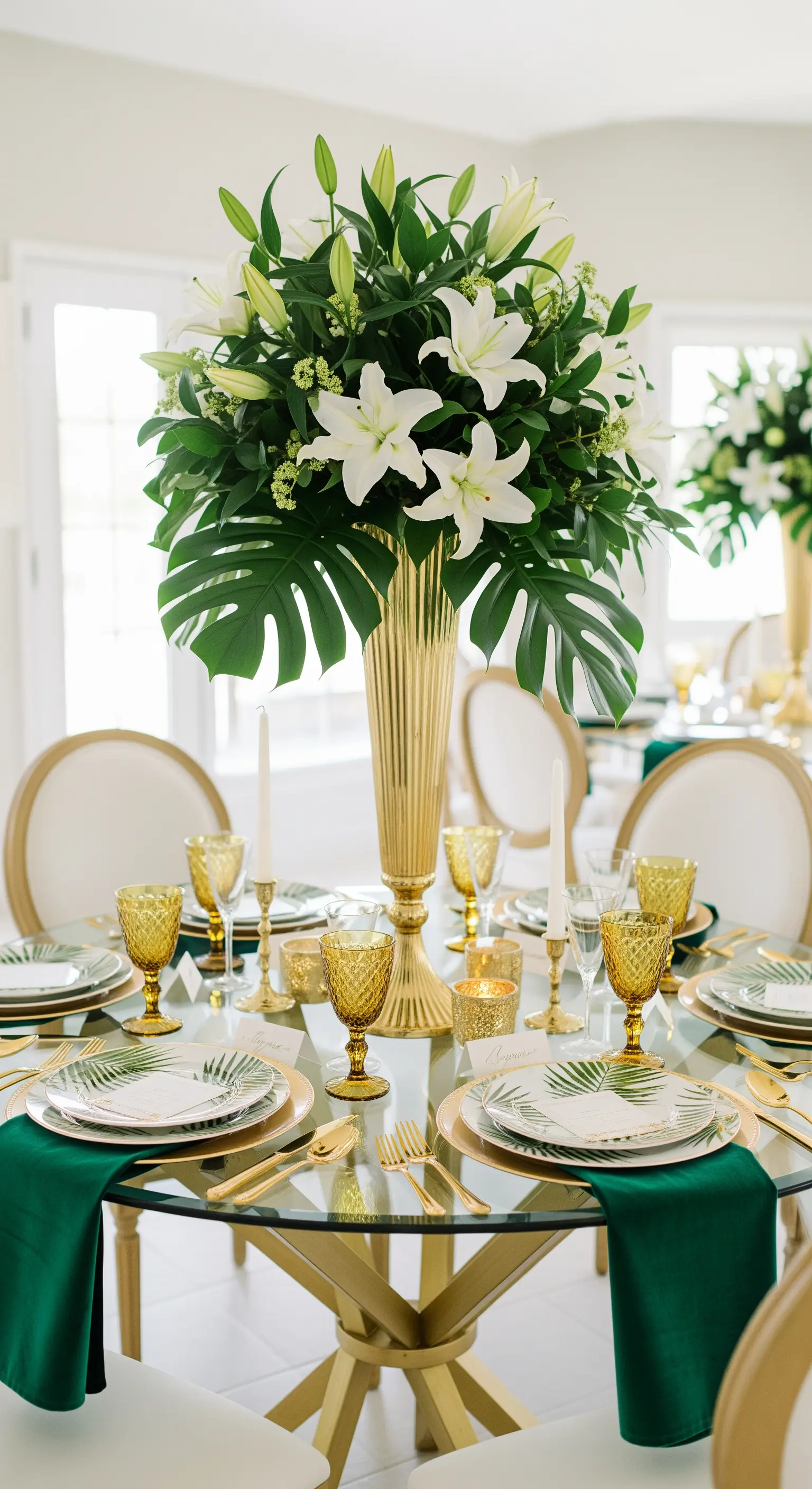 Tavola tropical-chic con tovaglioli verde smeraldo, dettagli dorati e foglie di monstera.