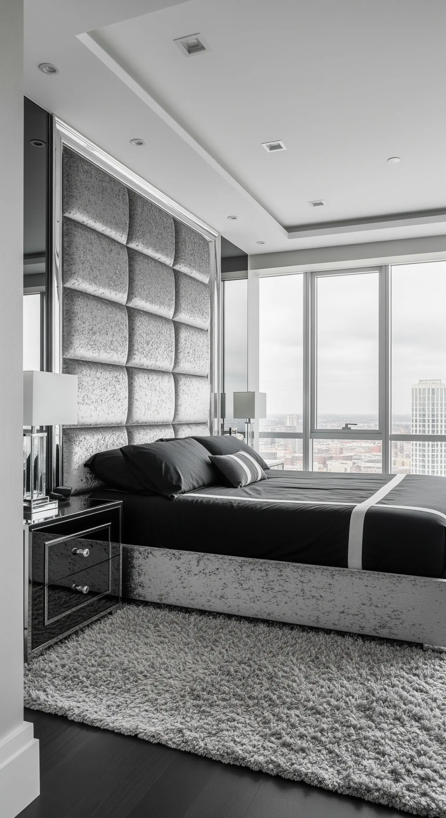 Testiera imbottita oversize in velluto argento con pannelli a specchio laterali.