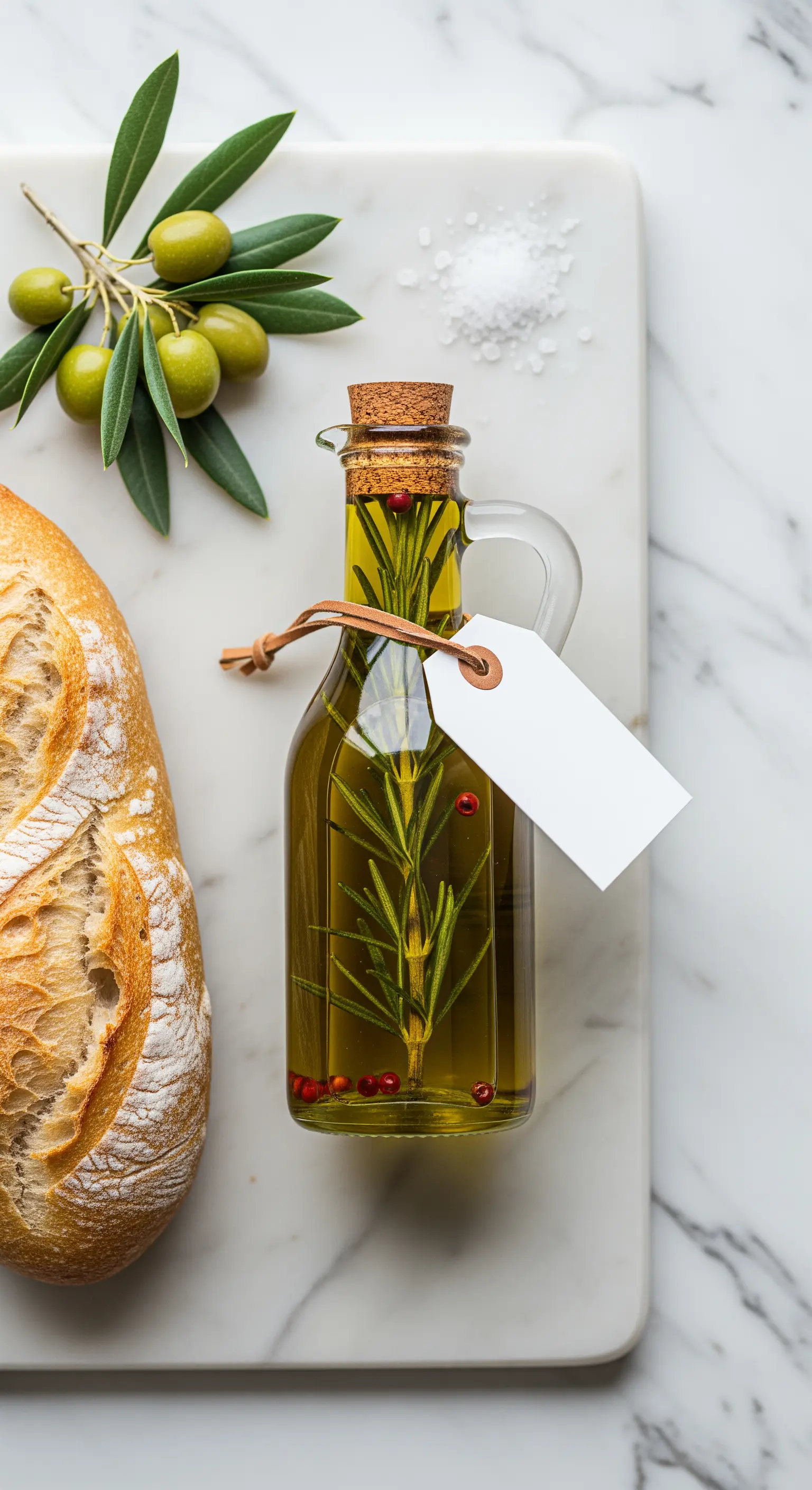 Ampolla di olio d'oliva aromatizzato con rosmarino e pepe rosa, su un tagliere di marmo.