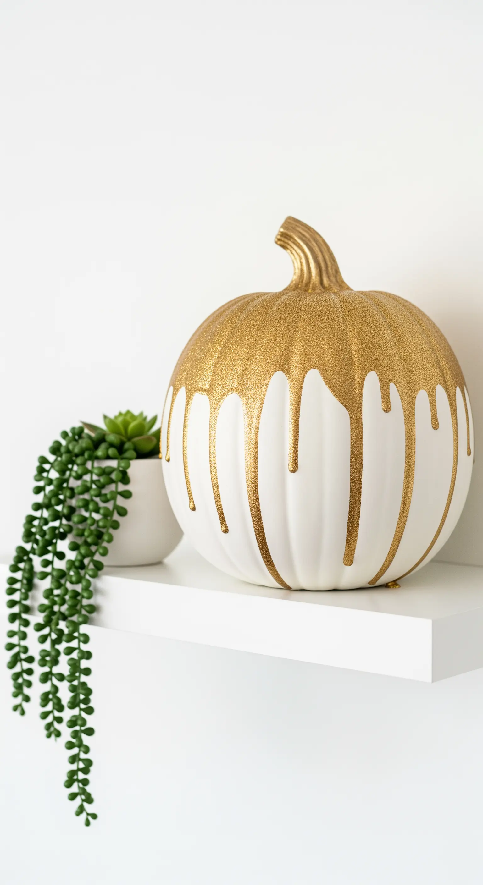 Zucca bianca con colature di vernice dorata glitterata che scendono dall'alto.