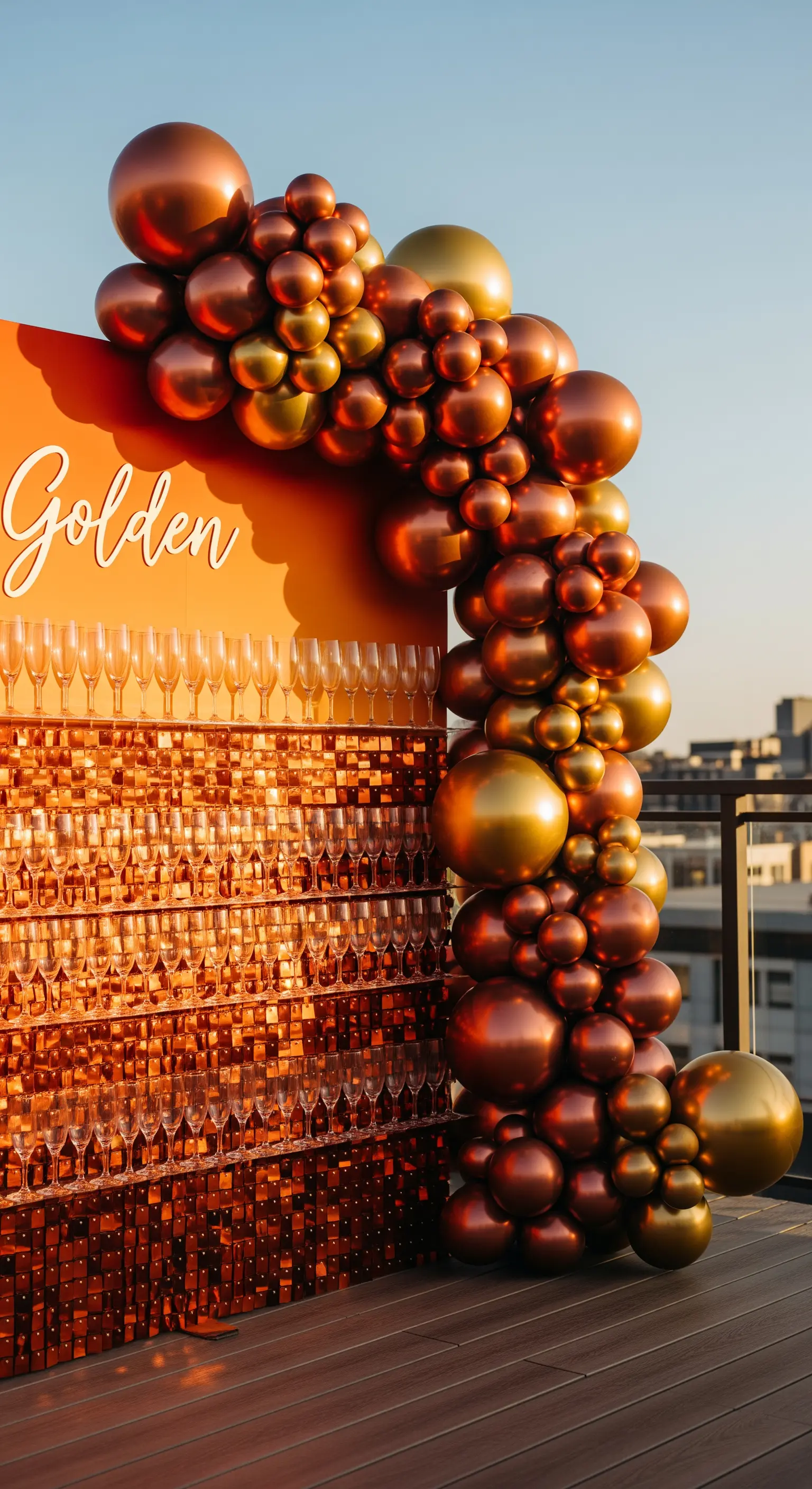 Champagne wall arancione con palloncini color rame e bronzo su una terrazza al tramonto.
