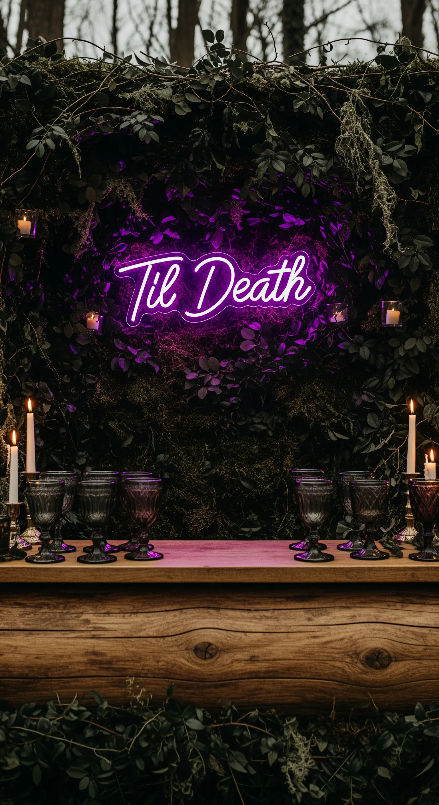 Neon viola “Til Death” su una parete di fogliame scuro, con calici neri e candele.
