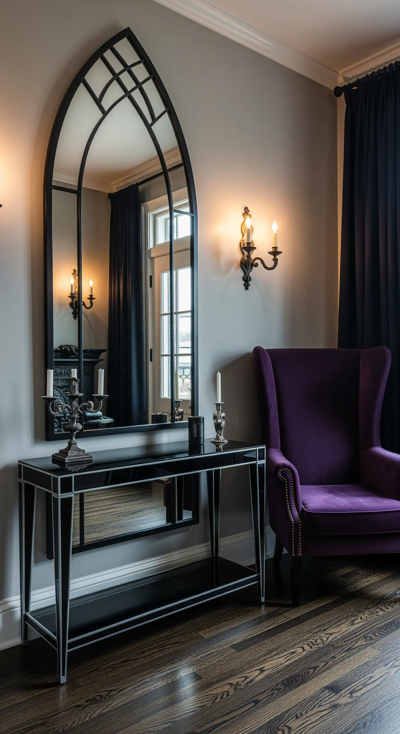 Ingresso in stile gotico moderno con specchio a ogiva nero e poltrona wingback viola