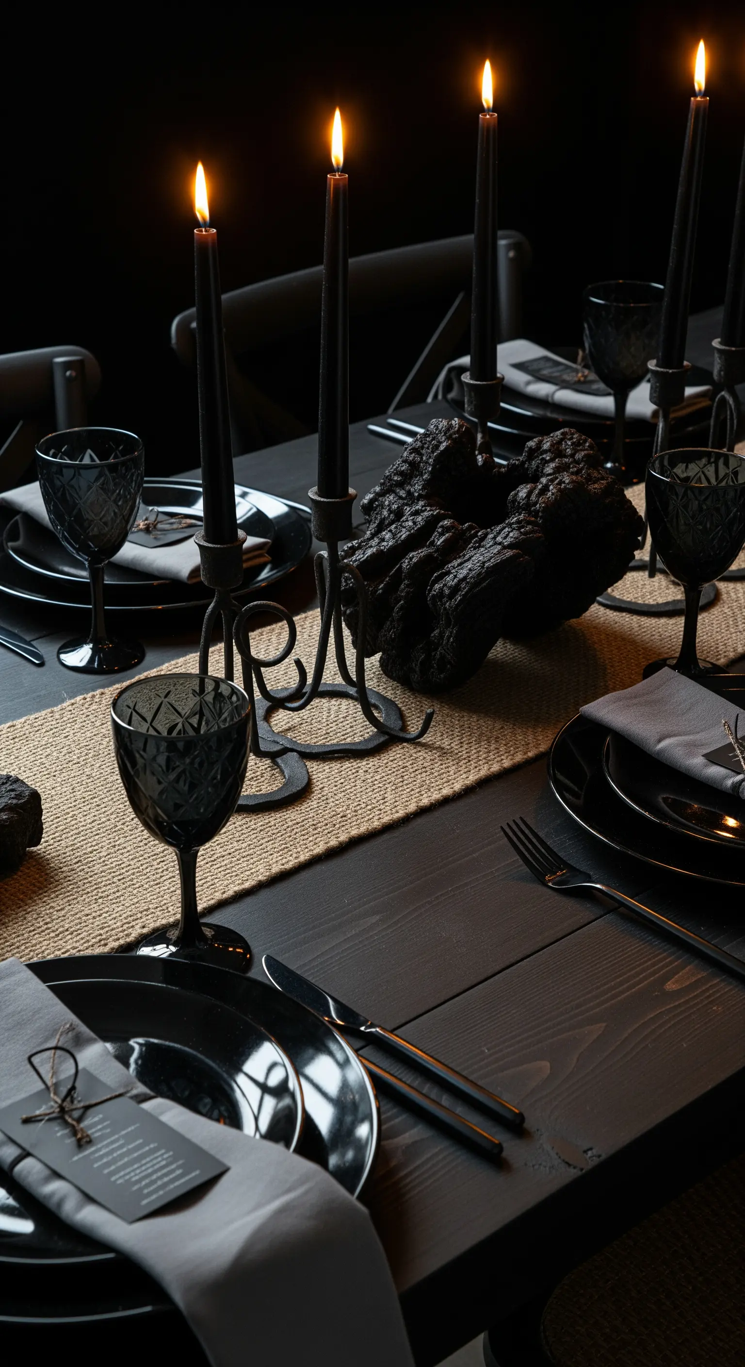 Tavola total black con candele, runner in juta e un centrotavola di legno scuro.