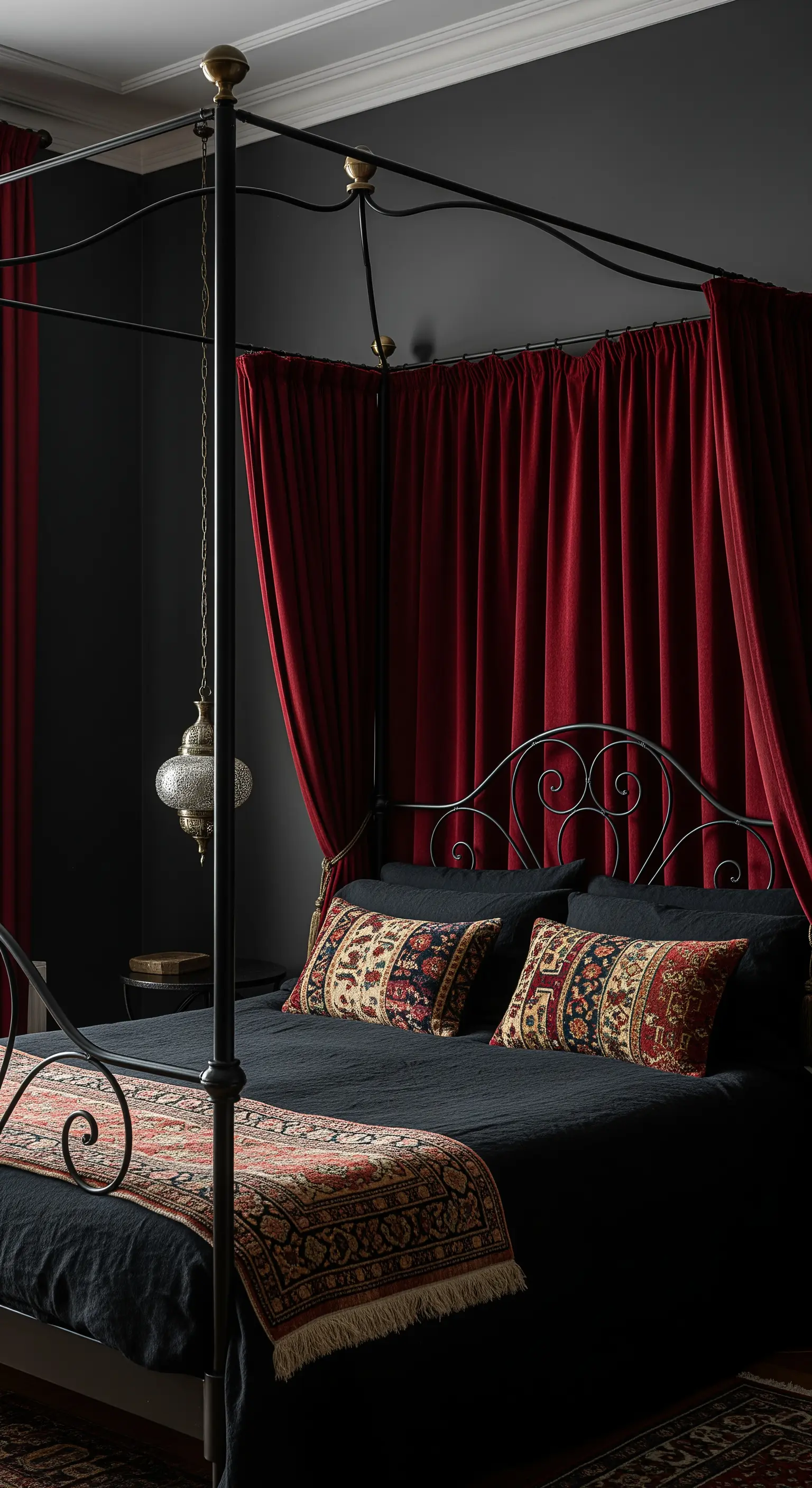 Letto a baldacchino nero con lenzuola scure, circondato da pesanti tende in velluto rosso.