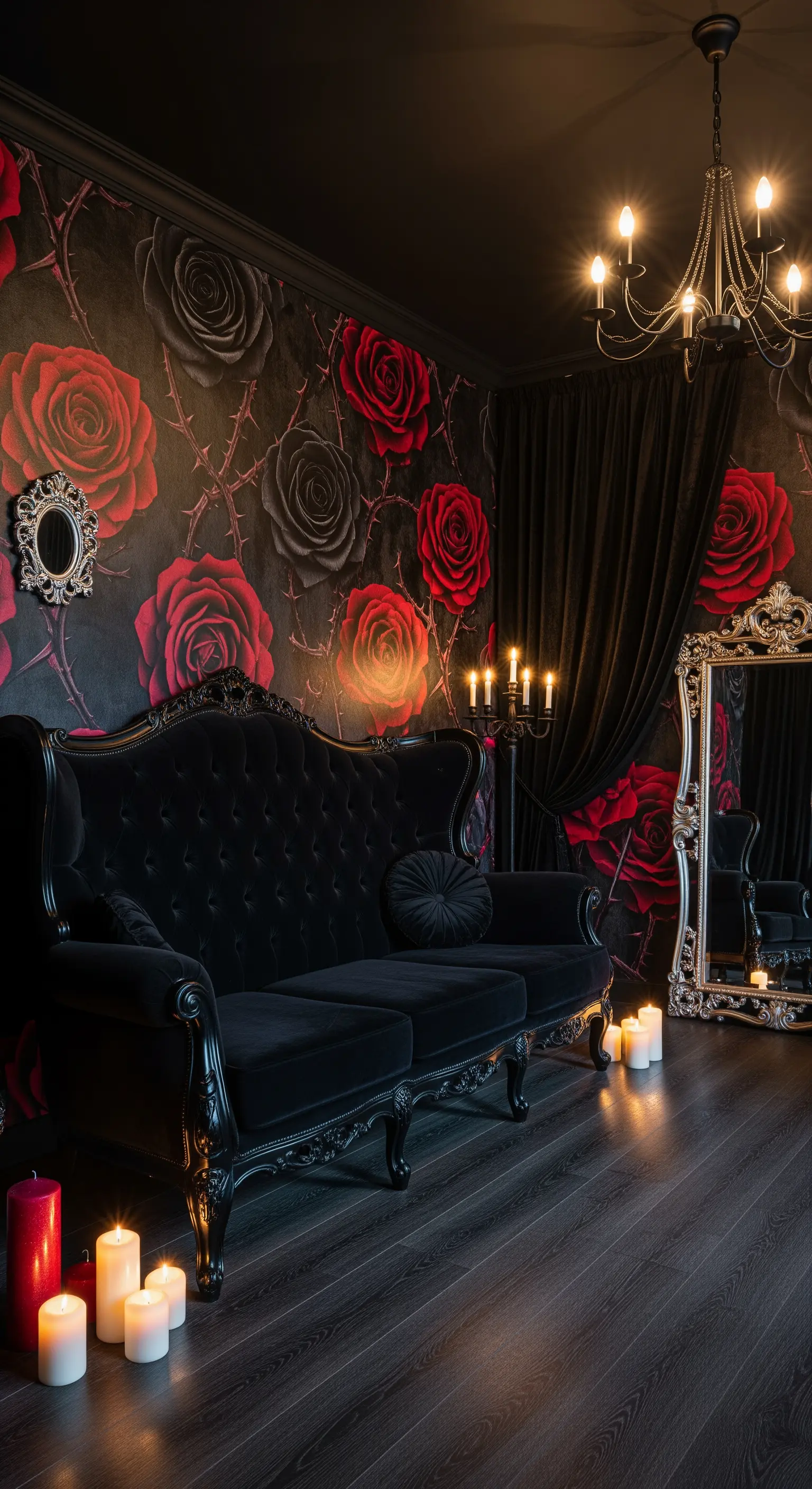 Salotto gotico con carta da parati a rose rosse e nere e un divano barocco in velluto nero.