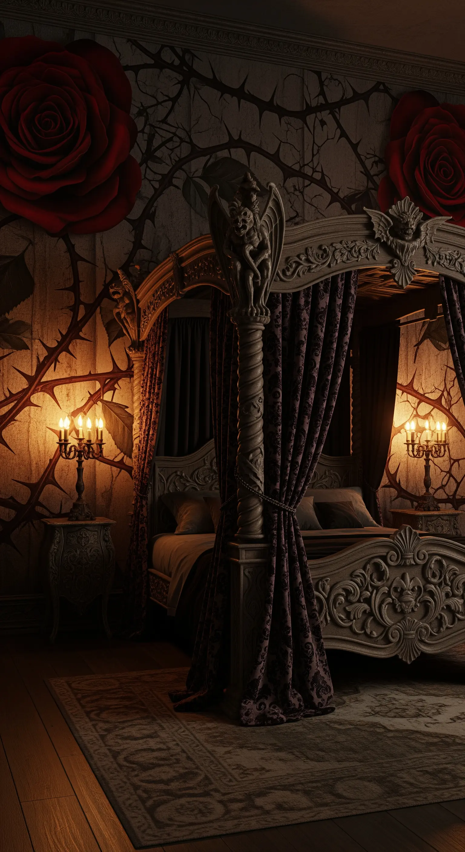 Letto a baldacchino gotico con carta da parati scura a tema rose rosse e spine.