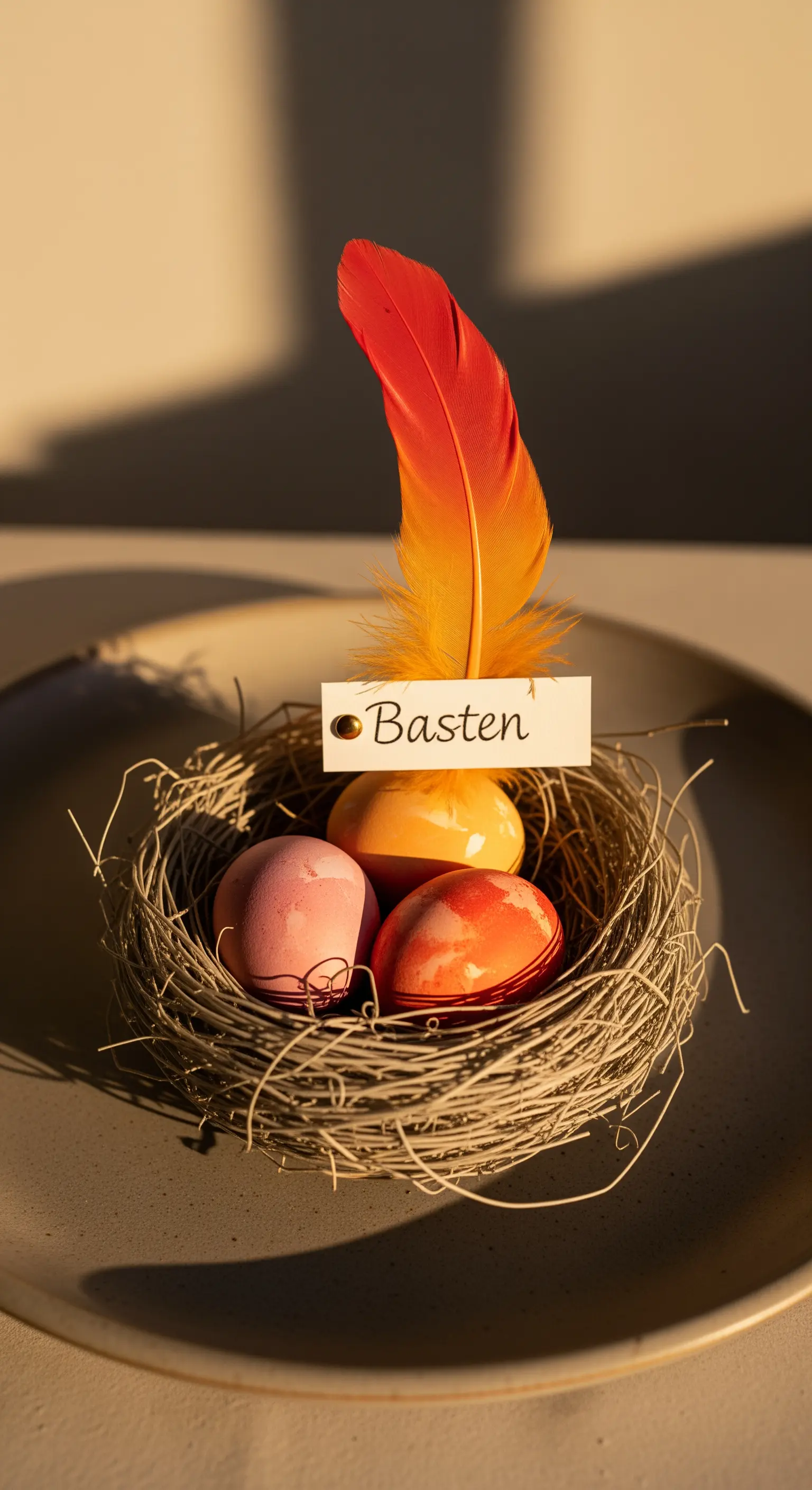 Nido con uova sfumate nei toni del tramonto e piuma arancione.