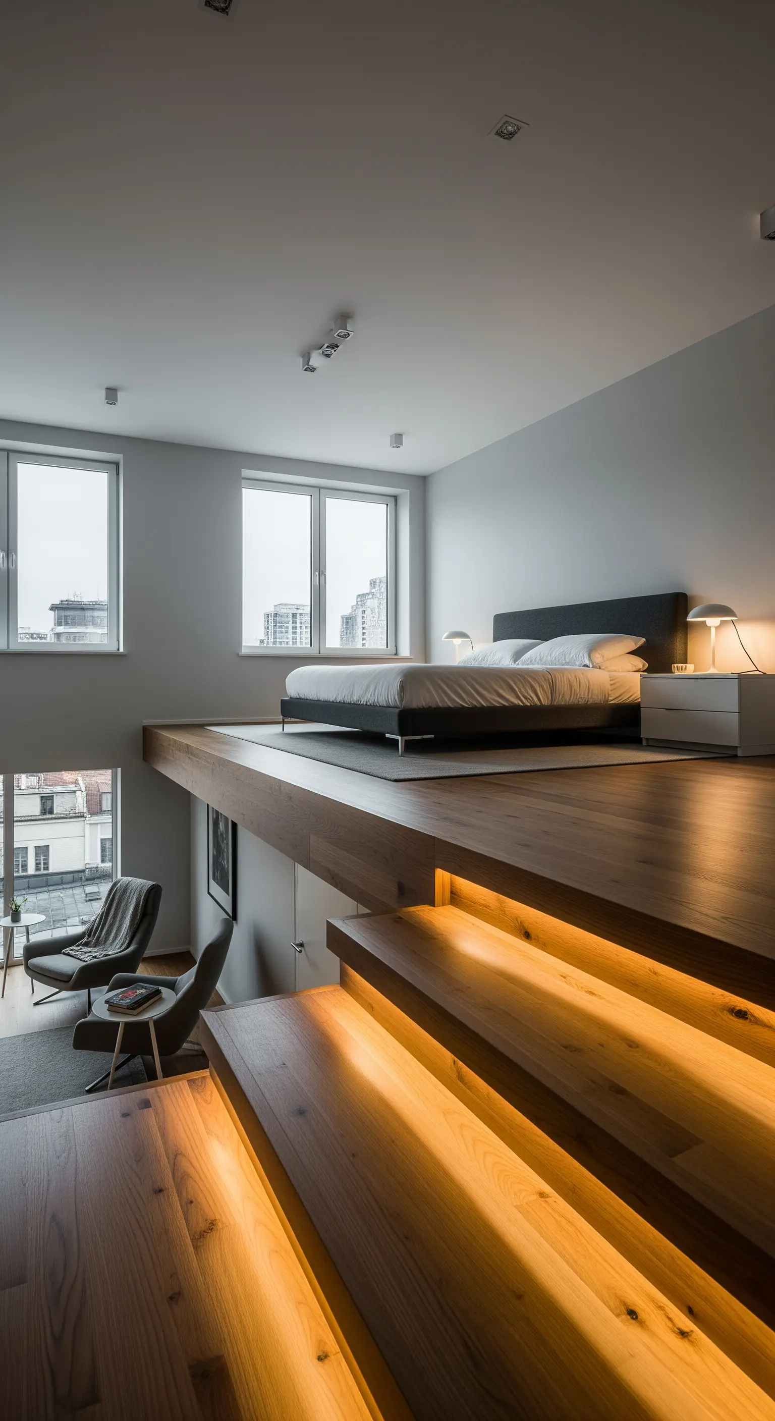 Camera da letto su un soppalco in legno con gradini illuminati da strisce LED.