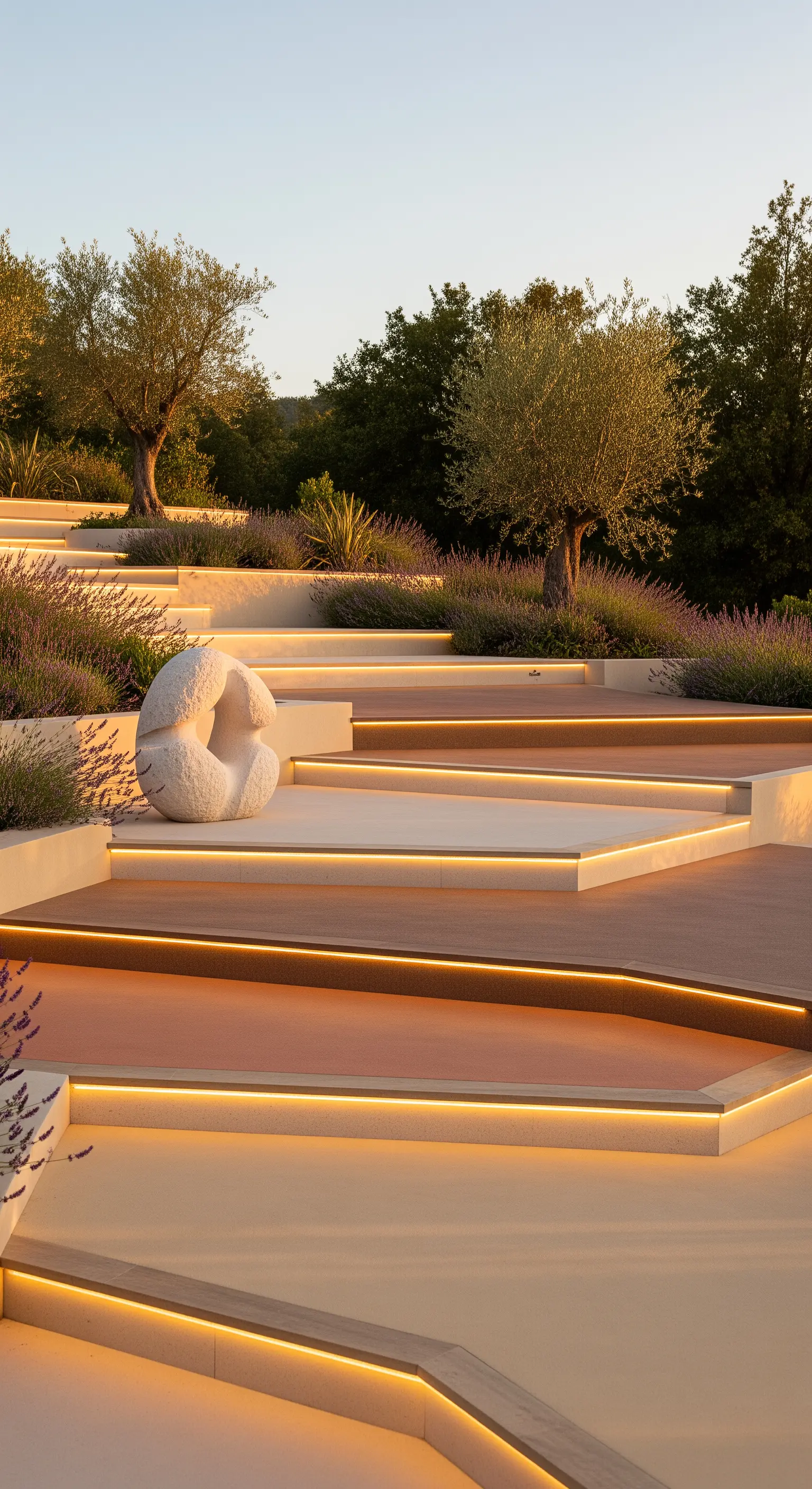 Anfiteatro da giardino con gradini illuminati da LED, lavanda e una scultura bianca organica.