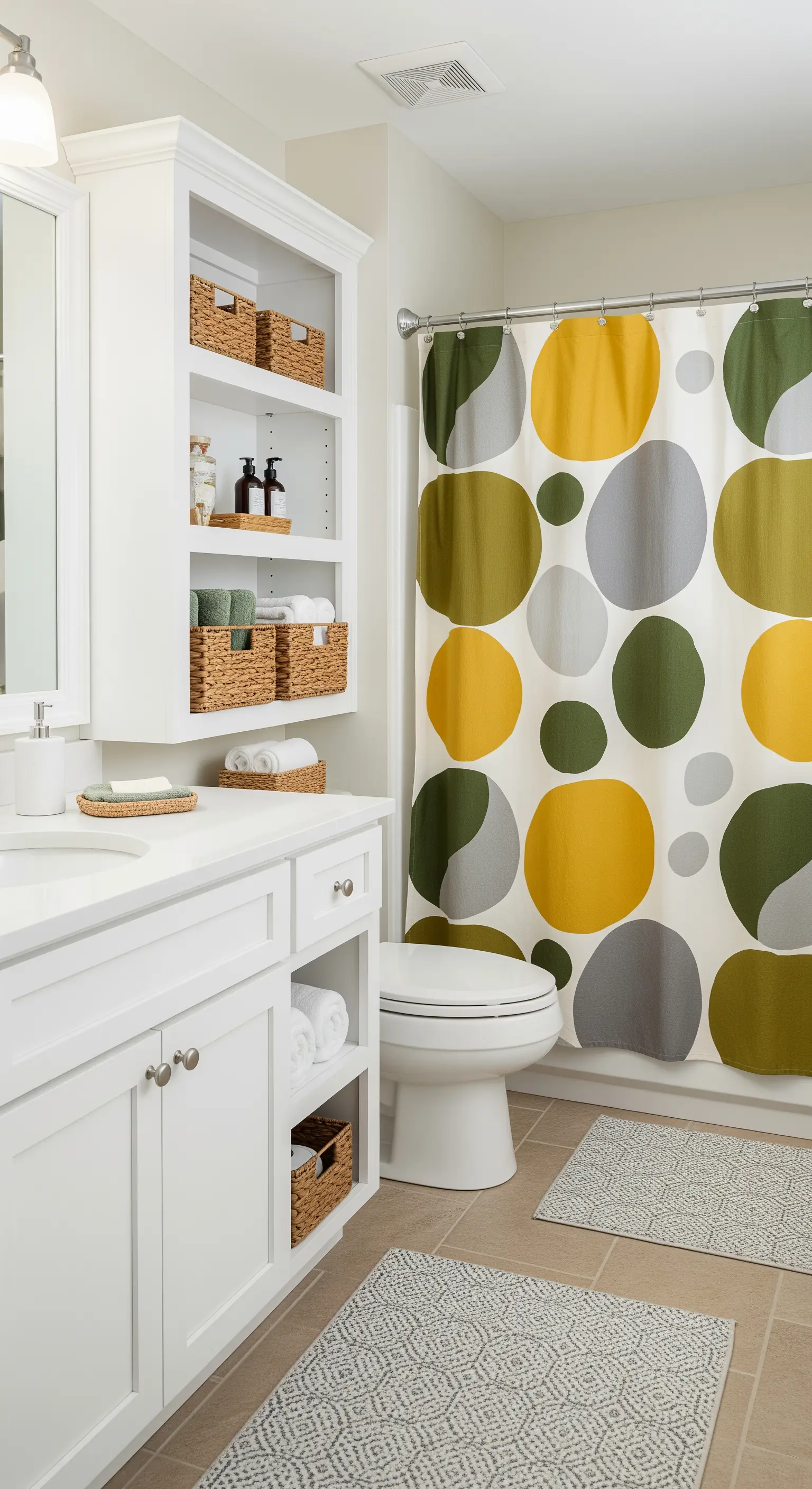 Bagno bianco con tenda da doccia a grandi cerchi colorati senape, verdi e grigi.