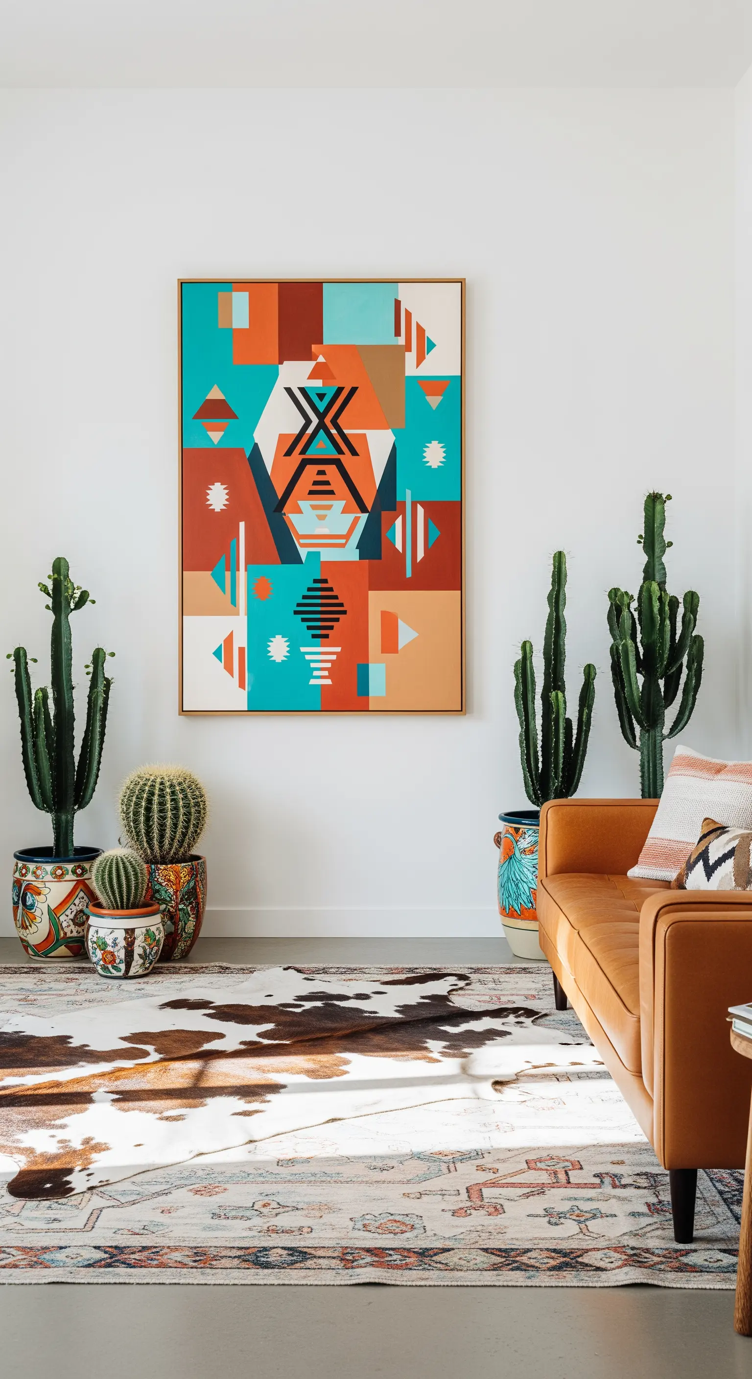 Quadro con motivi geometrici in stile Navajo in un soggiorno con divano in pelle e cactus.