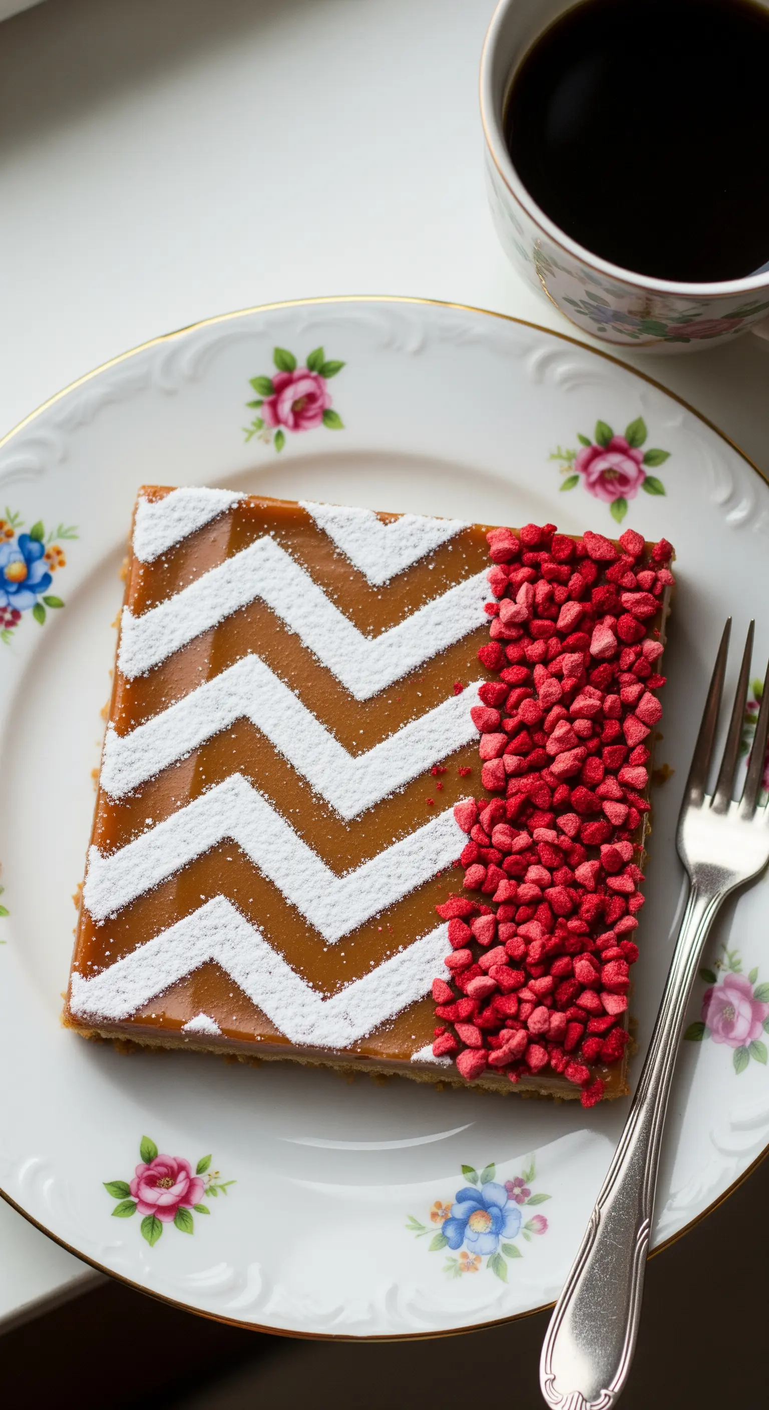 Porzione di torta quadrata con motivo a chevron e una striscia di cuoricini di fragola.
