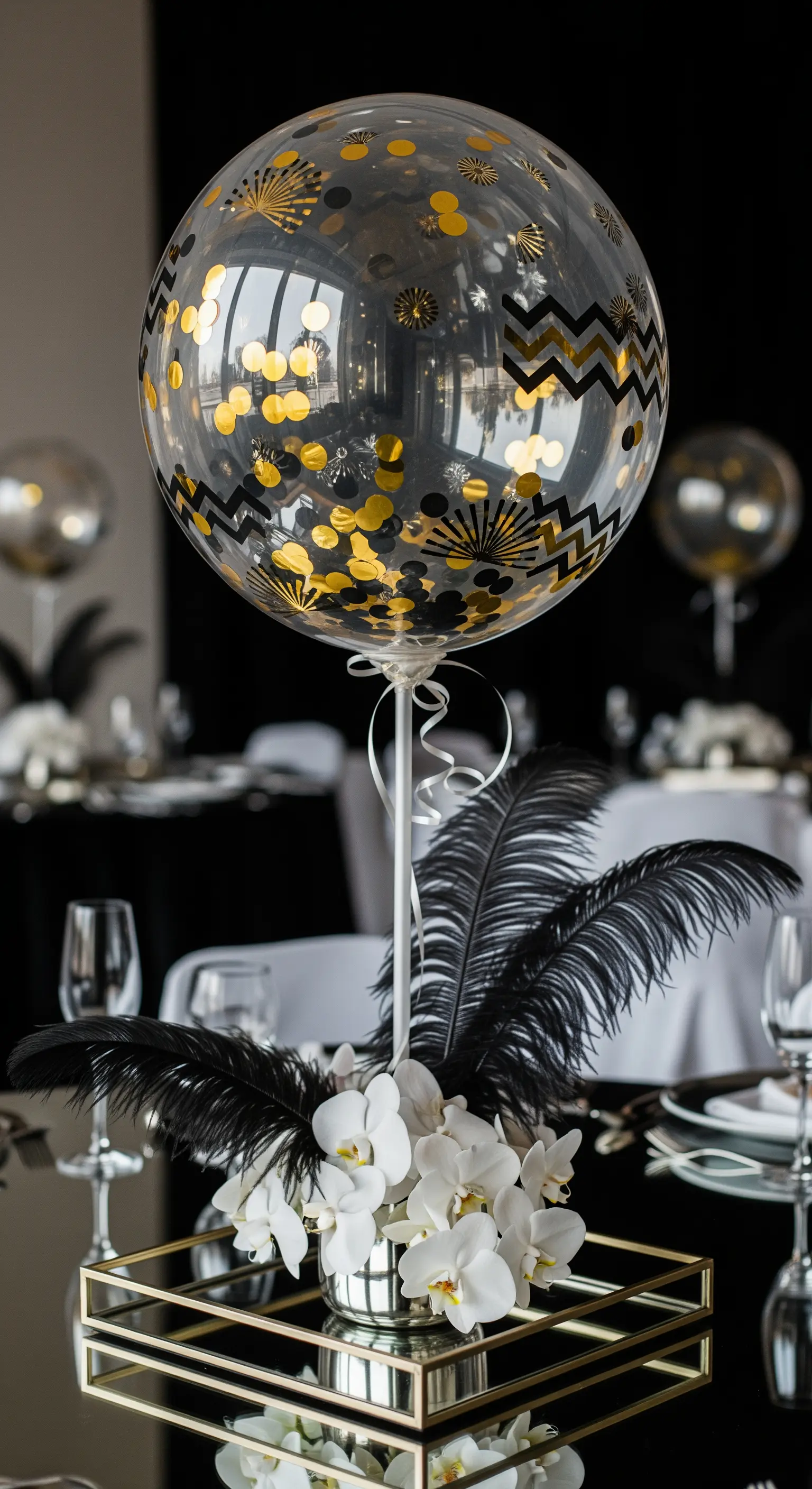 Centrotavola Art Déco con palloncino decorato, orchidee bianche e piume nere.