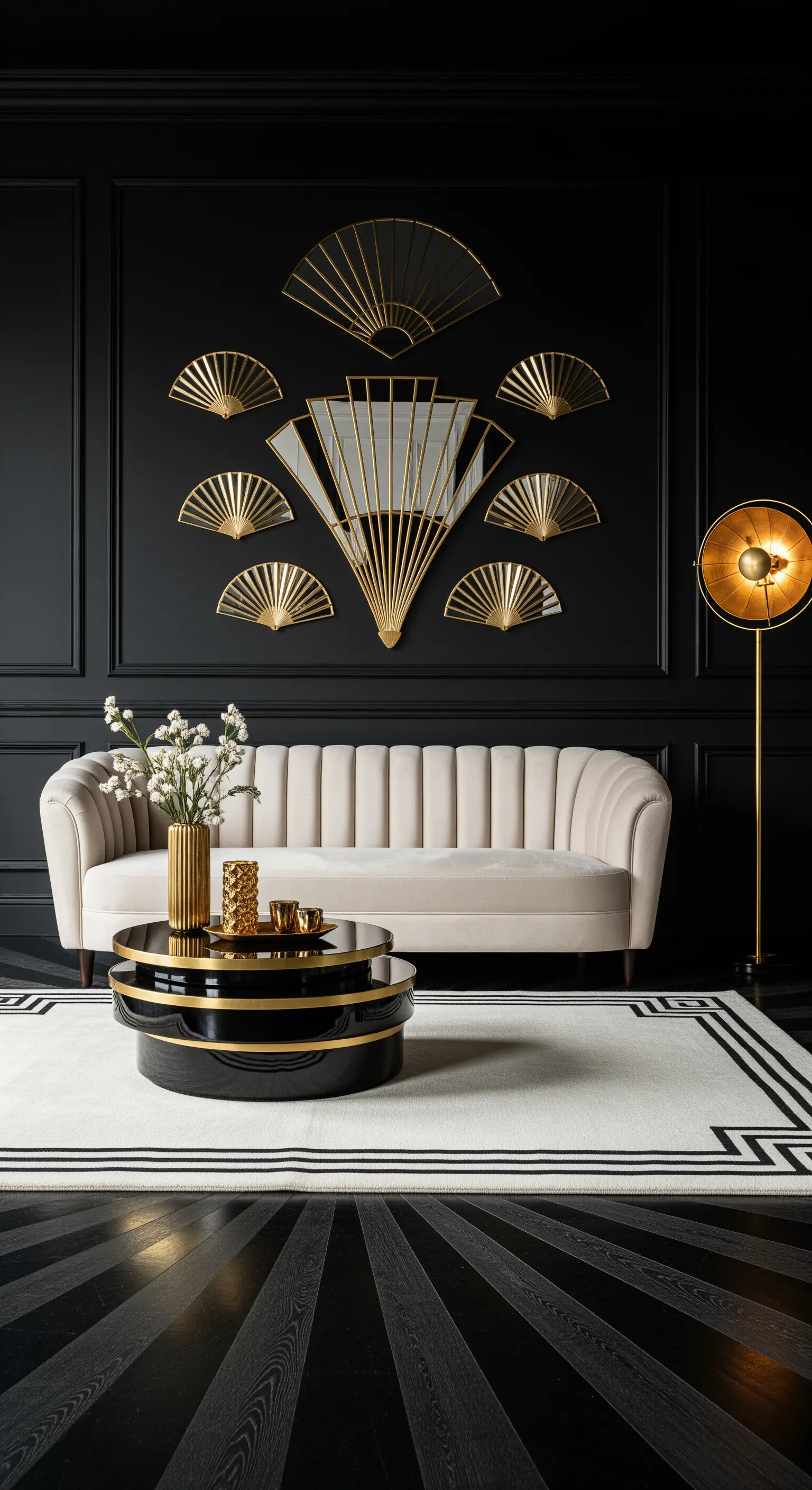 Salotto Art Déco con pareti nere, pavimento scuro e tappeto bianco con bordi neri