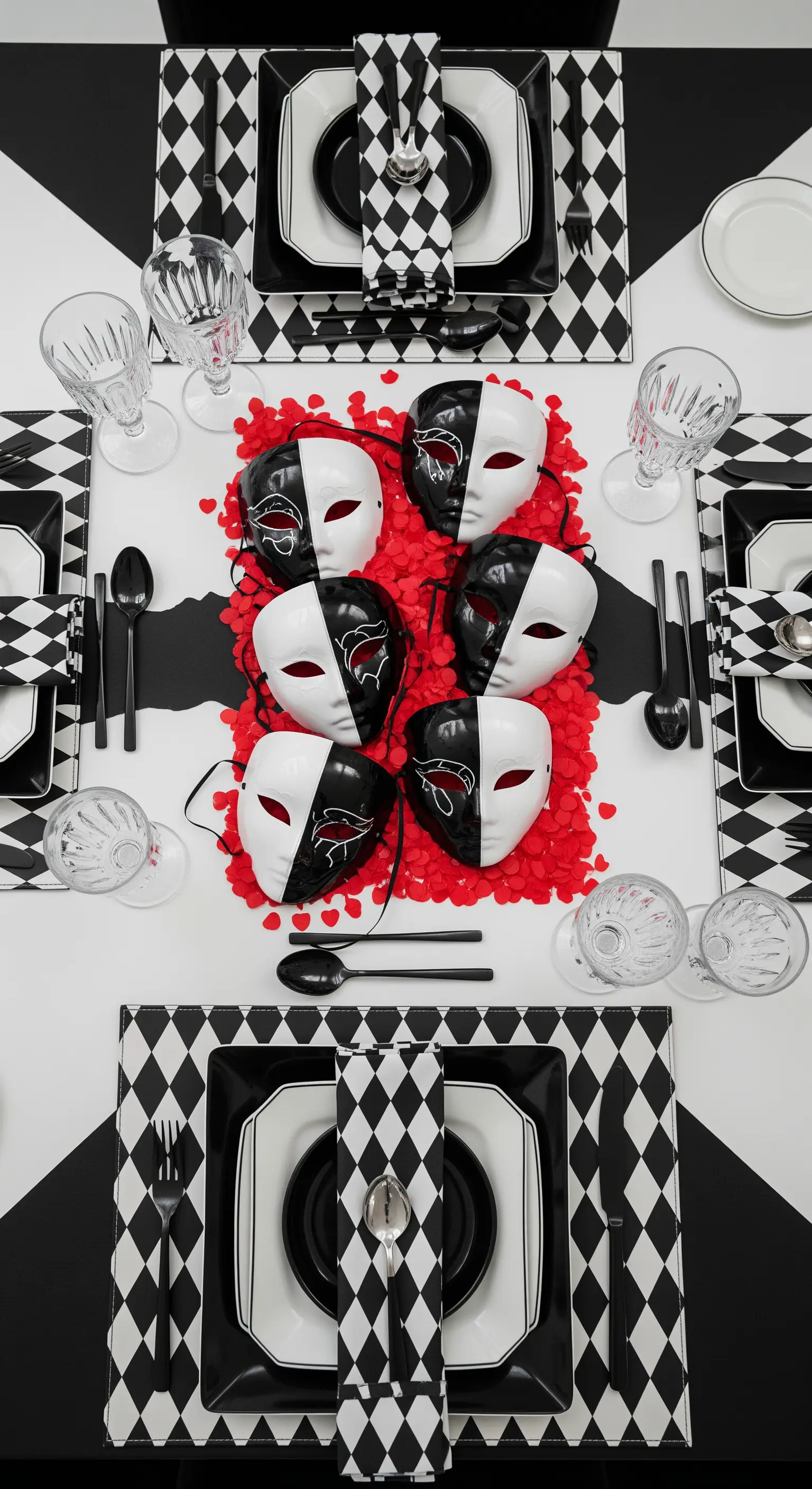 Tavola di Carnevale in bianco e nero con maschere e dettagli rossi.