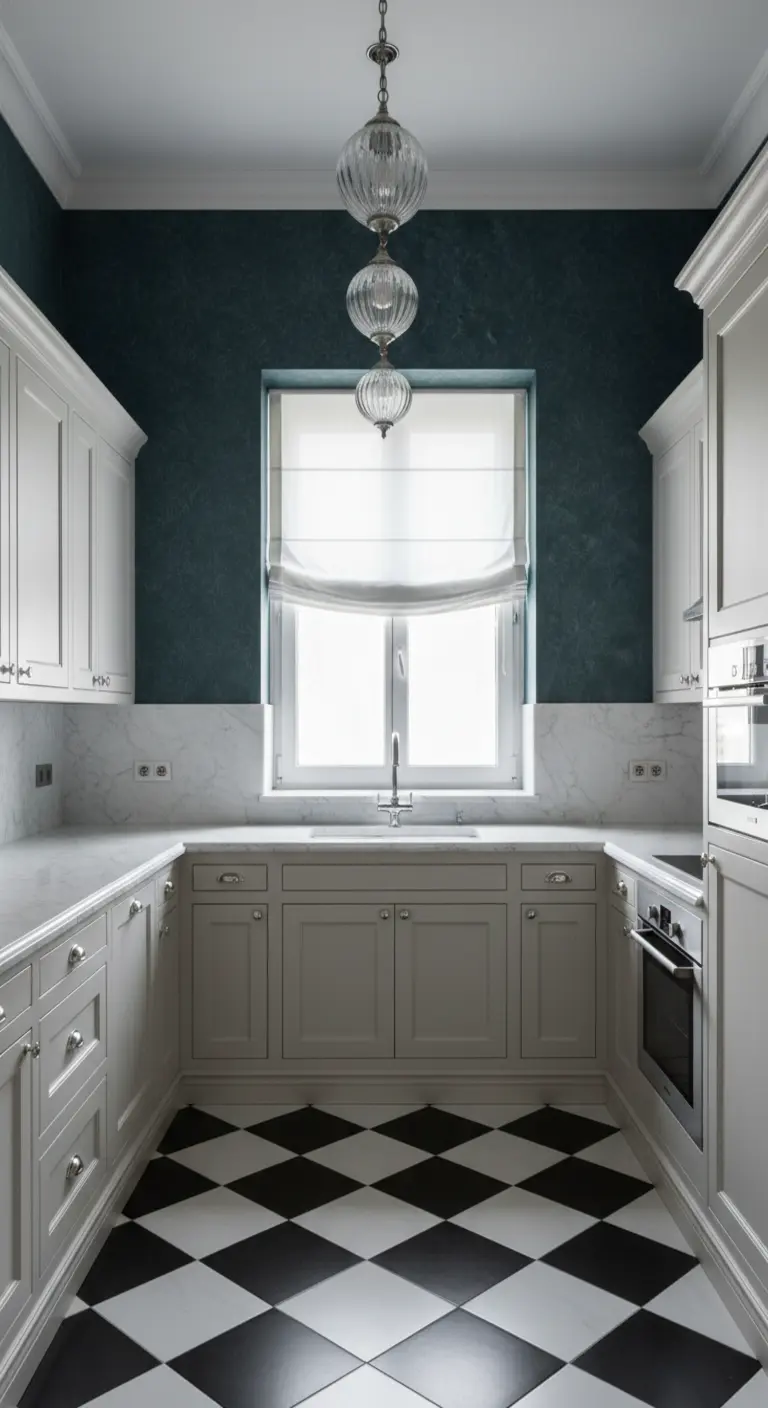 Cucina classica con parete blu-verde, mobili bianchi e pavimento a scacchiera bianco e nero.