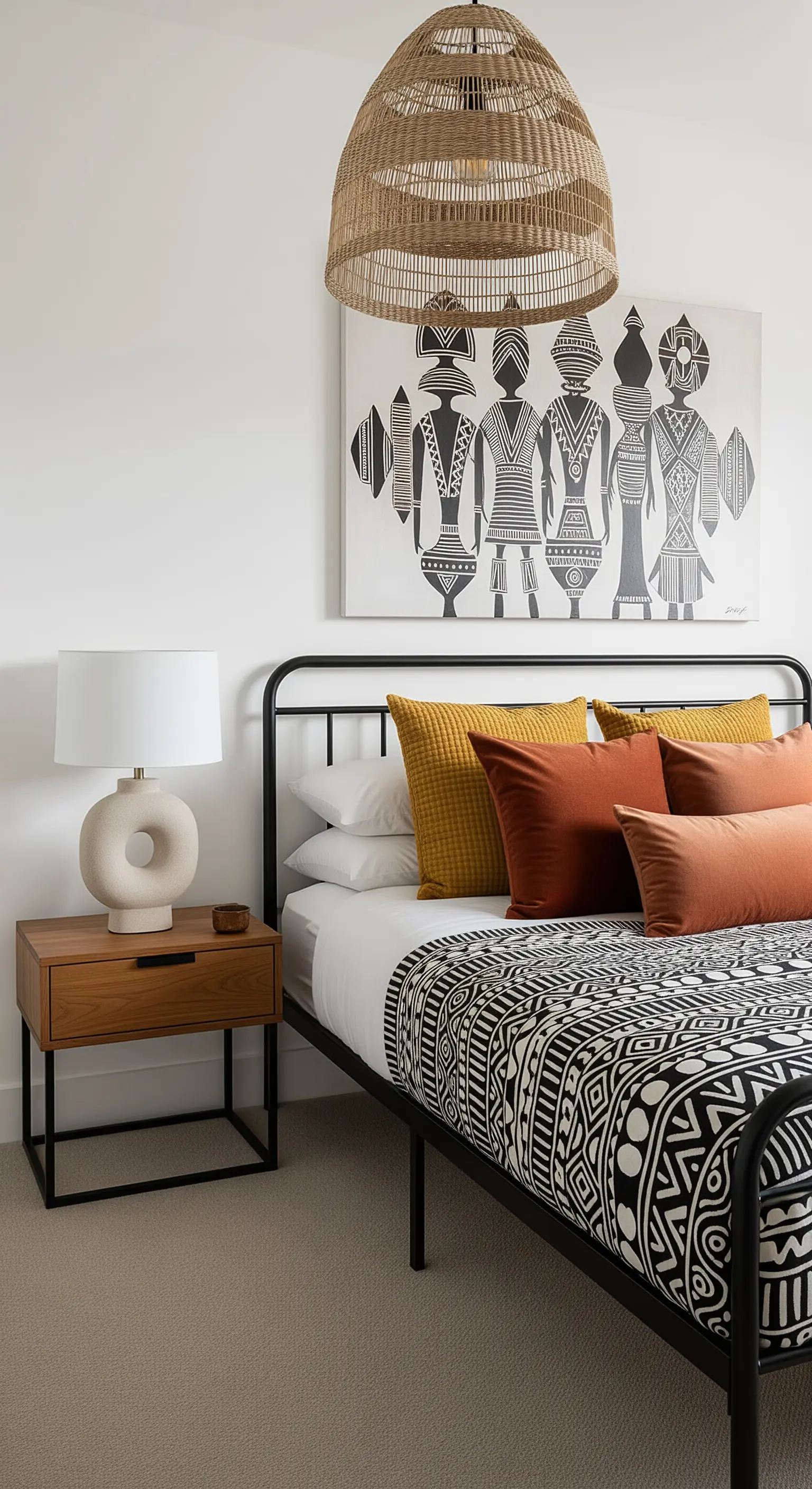 Letto con struttura in metallo nero, coperta con motivo grafico africano e cuscini ocra.