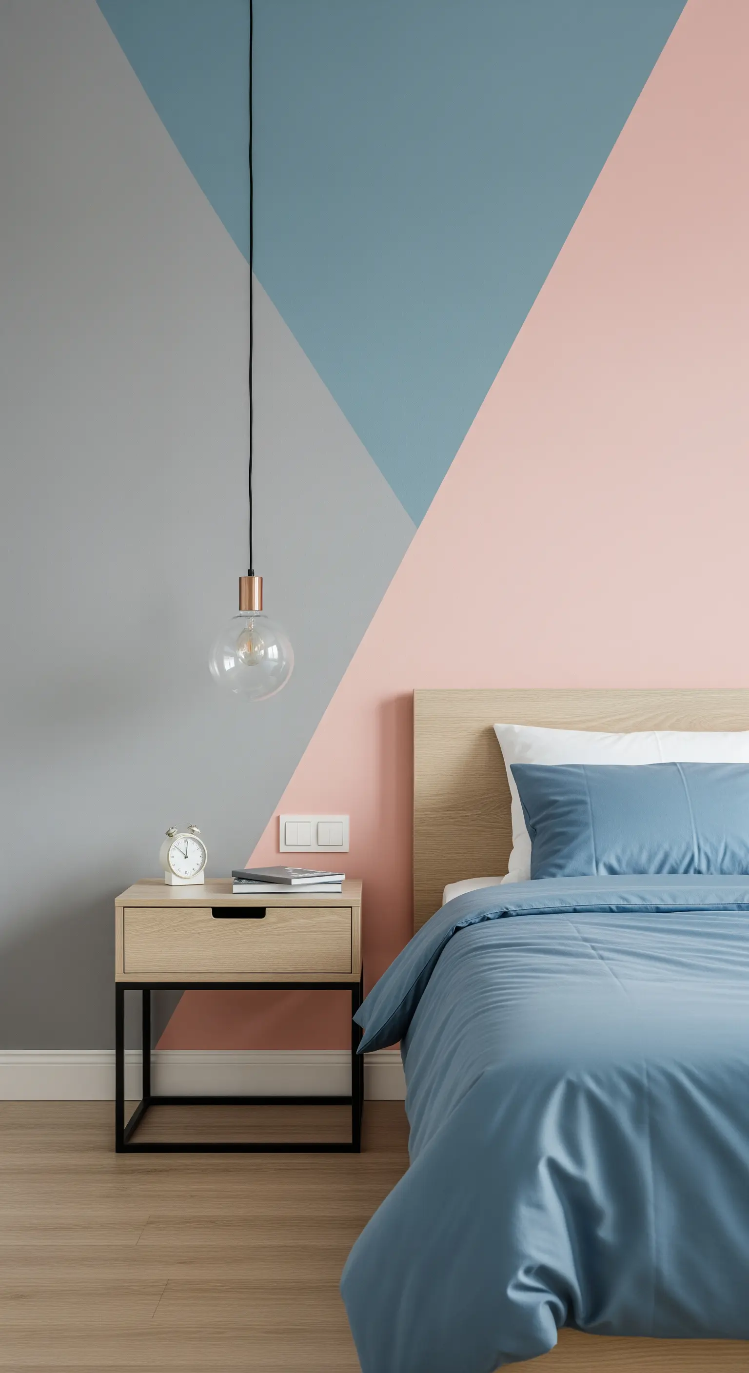 Parete con motivo geometrico nei toni del rosa, grigio e azzurro dietro al letto.