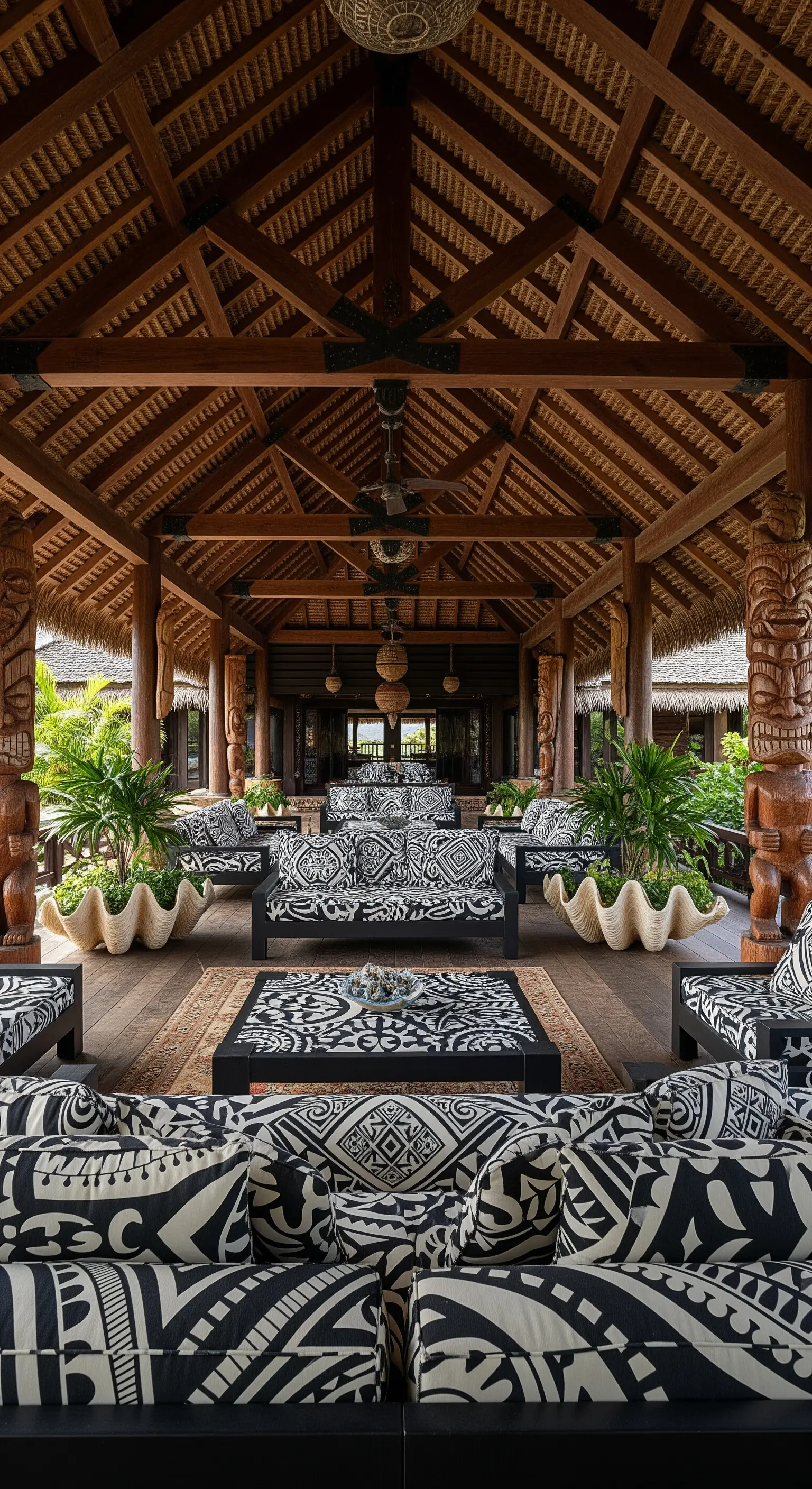 Salotto polinesiano all'aperto con divani con motivi grafici in bianco e nero.