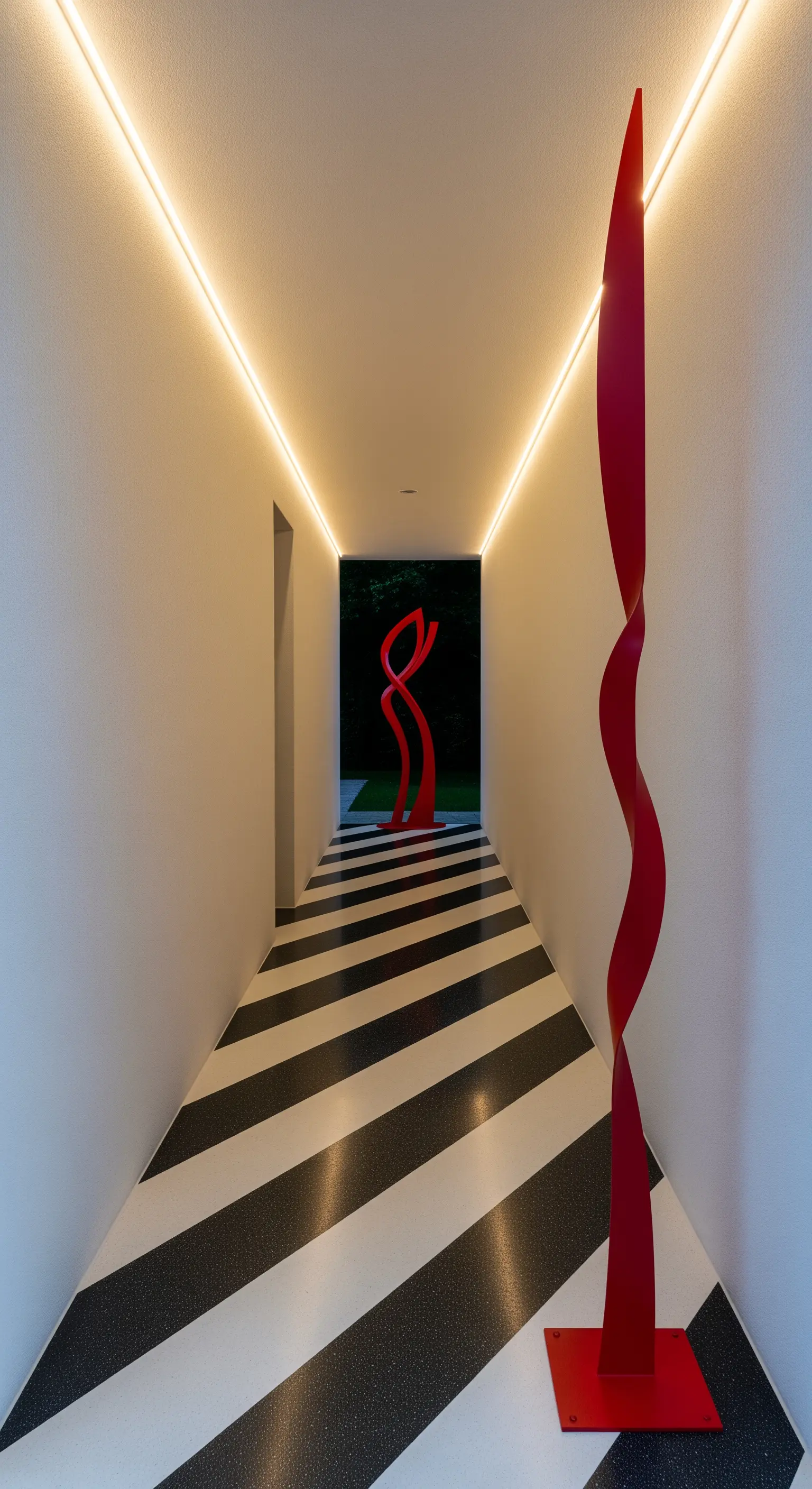 Corridoio con pavimento a strisce diagonali bianche e nere e sculture rosse.