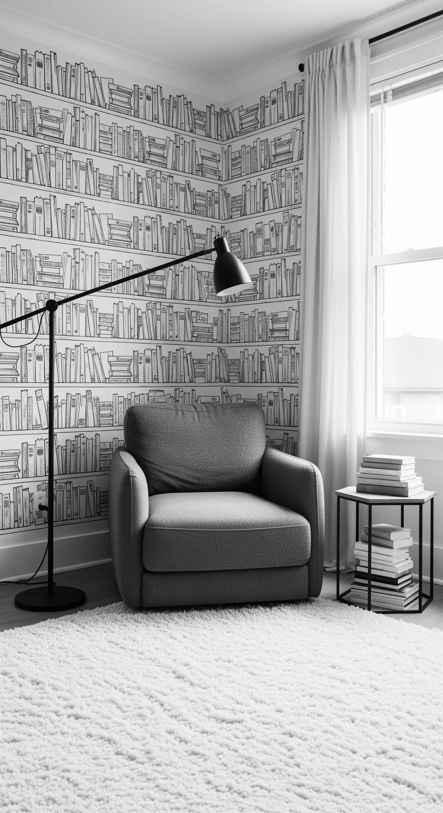 Angolo lettura con carta da parati a tema libreria in bianco e nero e poltrona grigia.
