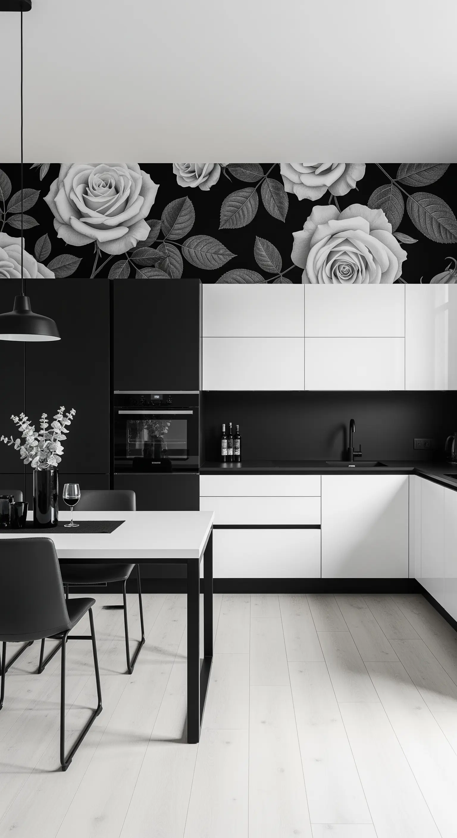 Cucina in bianco e nero con carta da parati a rose in scala di grigi.