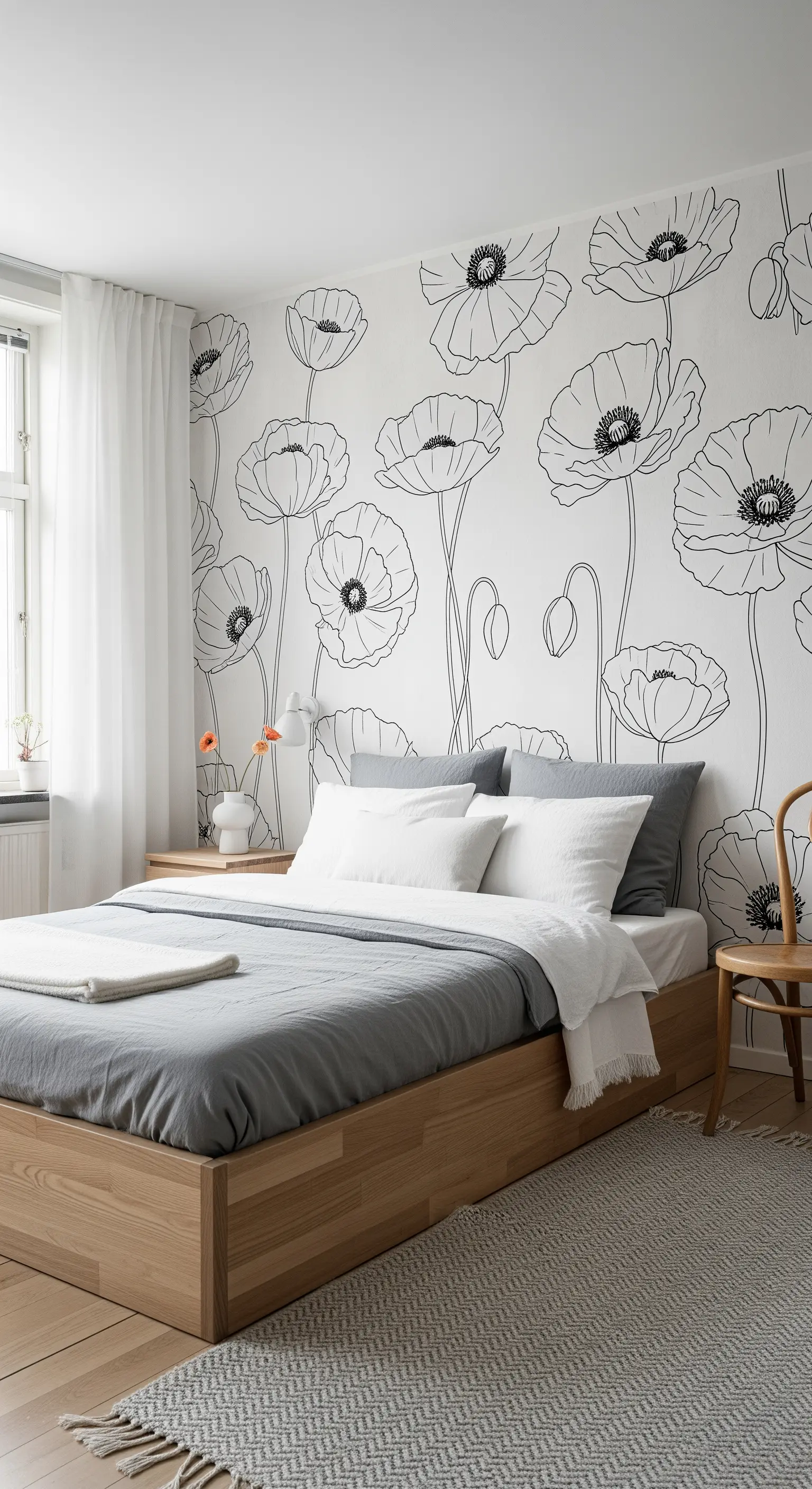 Carta da parati con papaveri stilizzati in bianco e nero in una camera da letto scandinava.