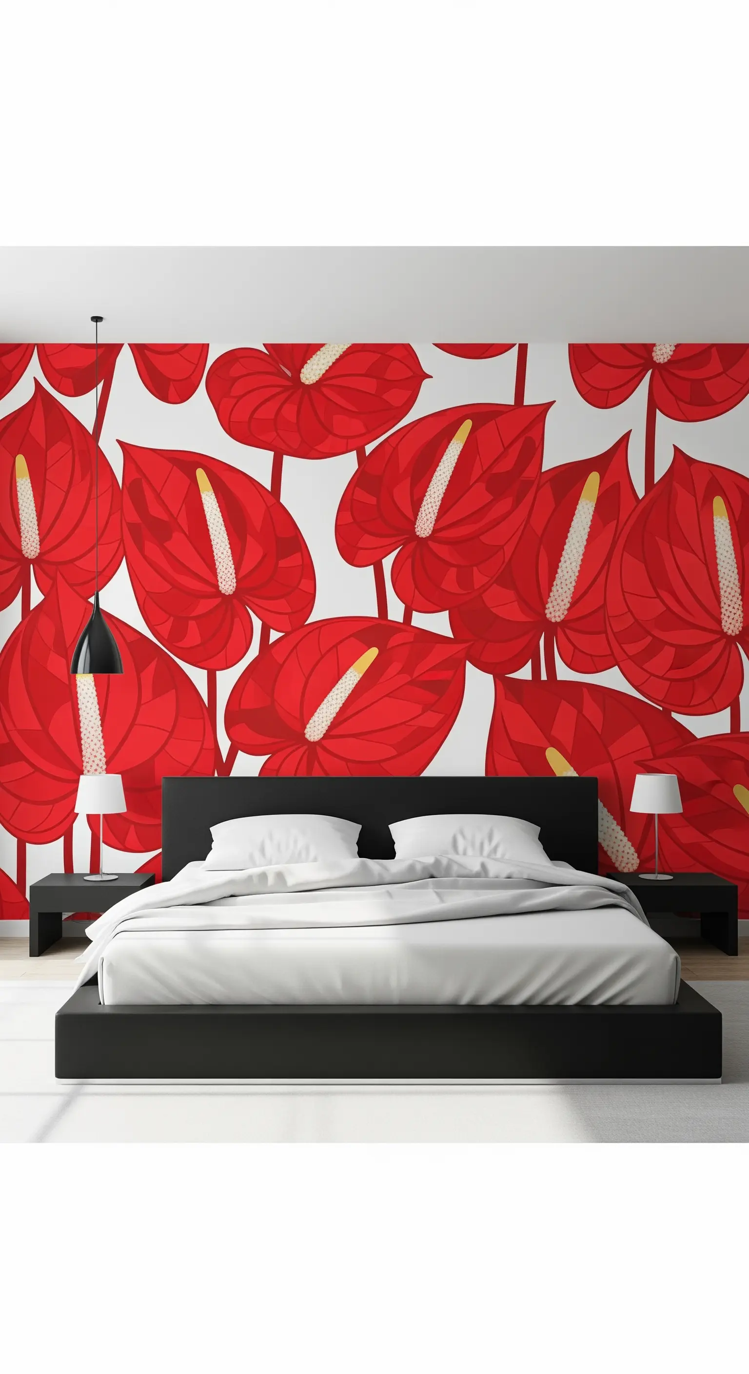 Carta da parati con anthurium rossi stilizzati dietro un letto nero minimalista.