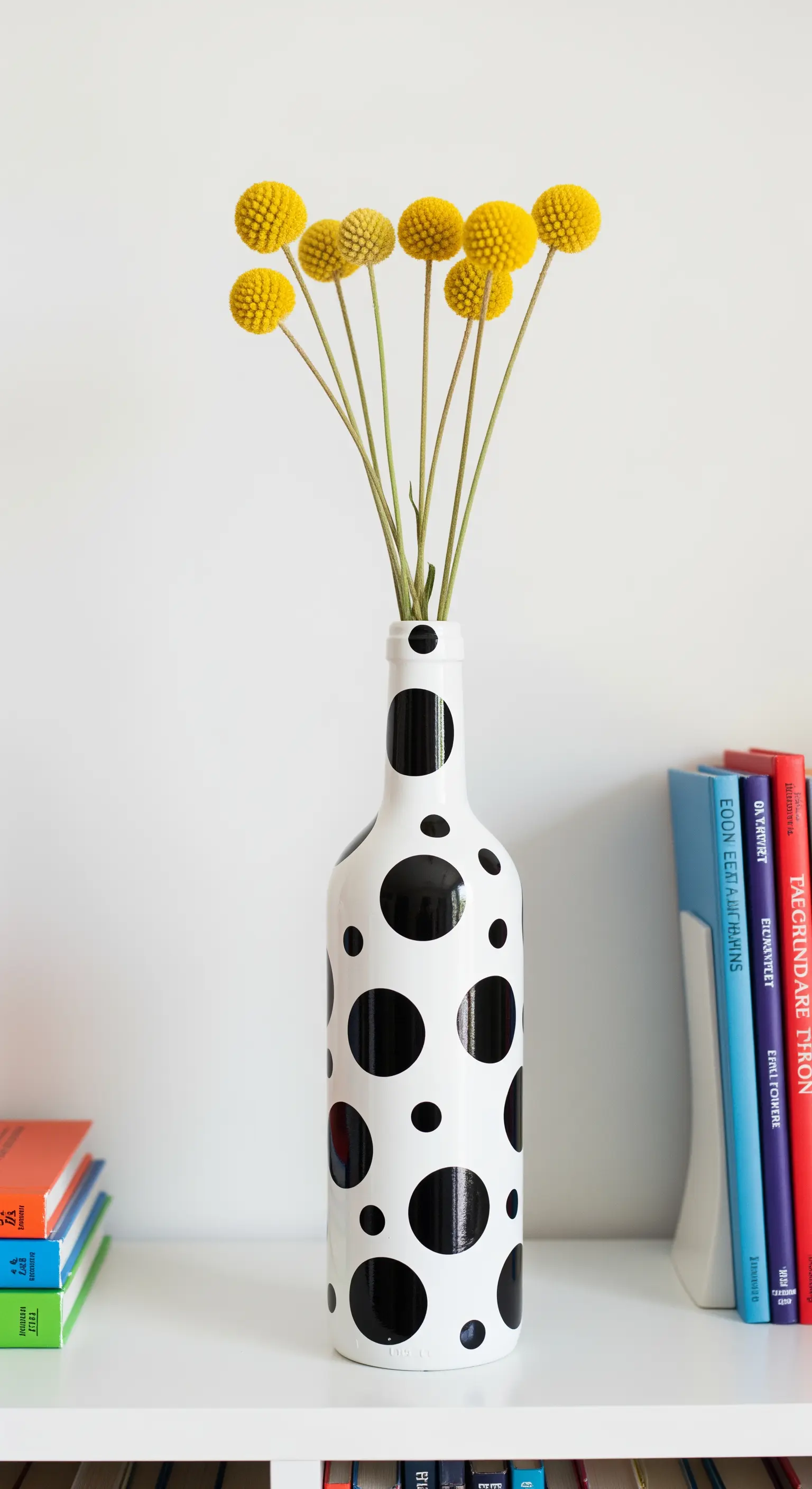 Bottiglia di vino bianca decorata con grandi pois neri, usata come vaso per fiori gialli.