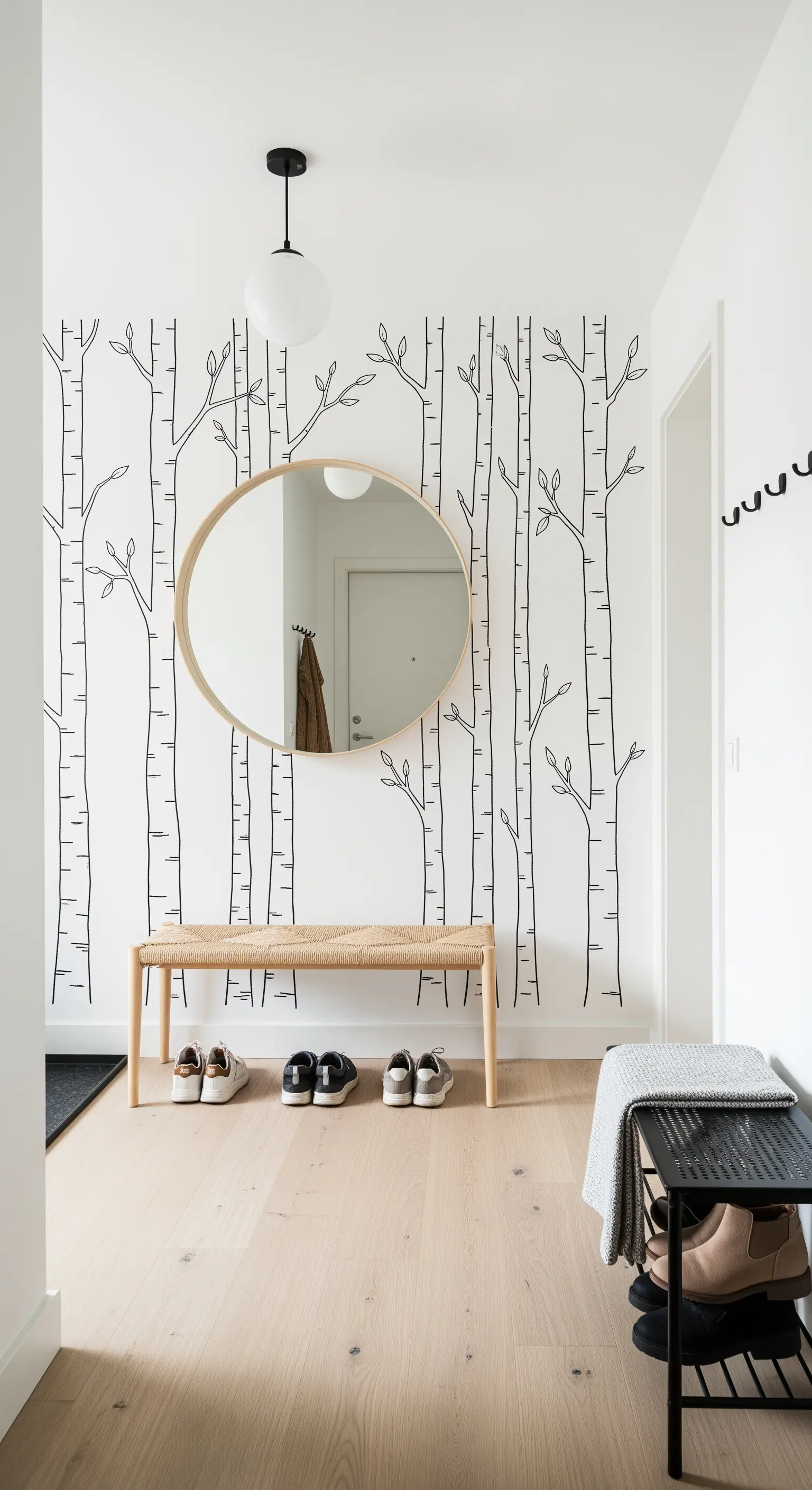 Ingresso in stile scandinavo con murale di betulle, specchio rotondo e panca in legno e corda.