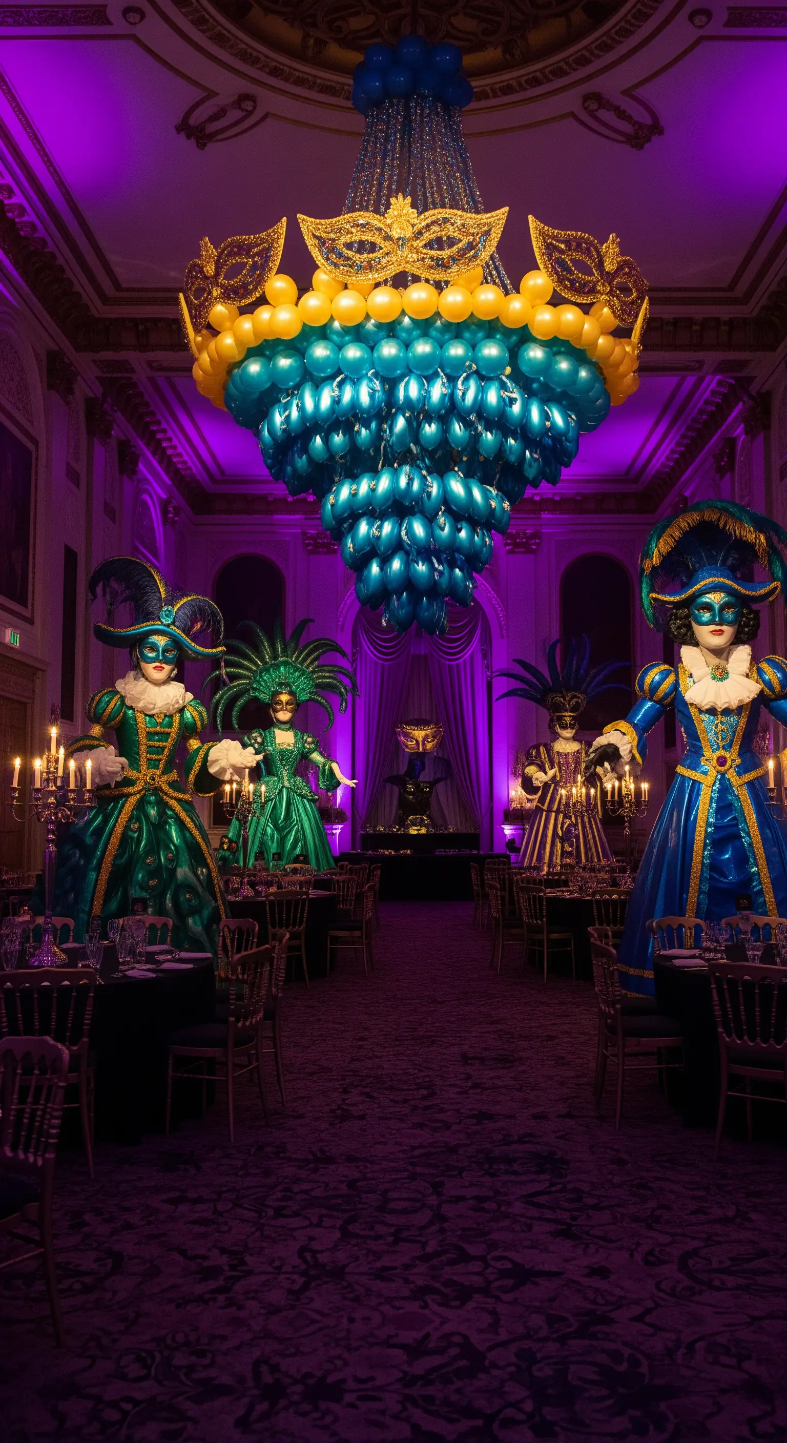 Salone delle feste con un enorme lampadario di palloncini blu e oro a tema carnevale veneziano.