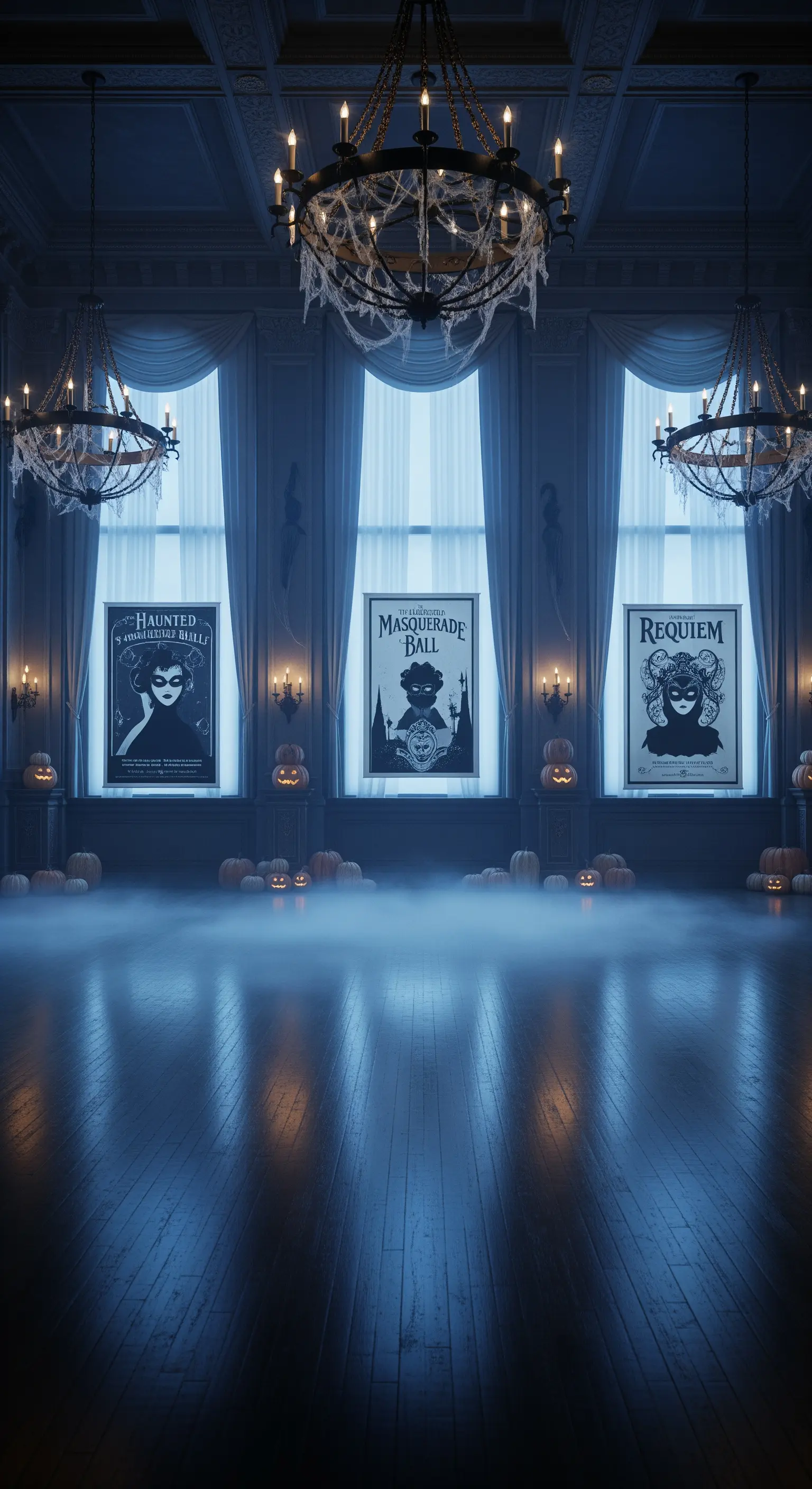 Grande salone da ballo vuoto con lampadari coperti di ragnatele, fumo basso e poster di Halloween.