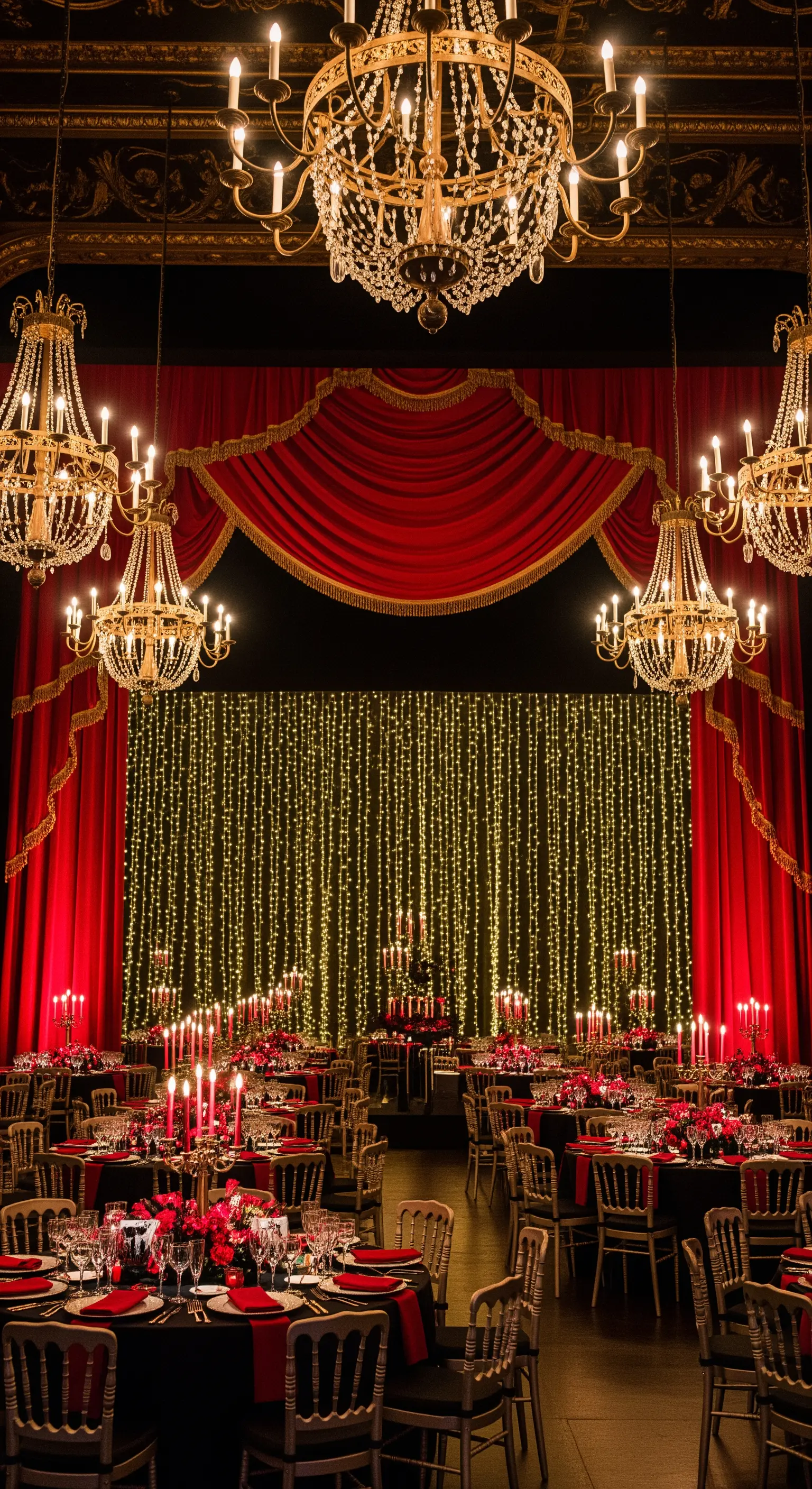 Sala da ballo in stile teatro con tavoli neri, drappeggi rossi e lampadari di cristallo.