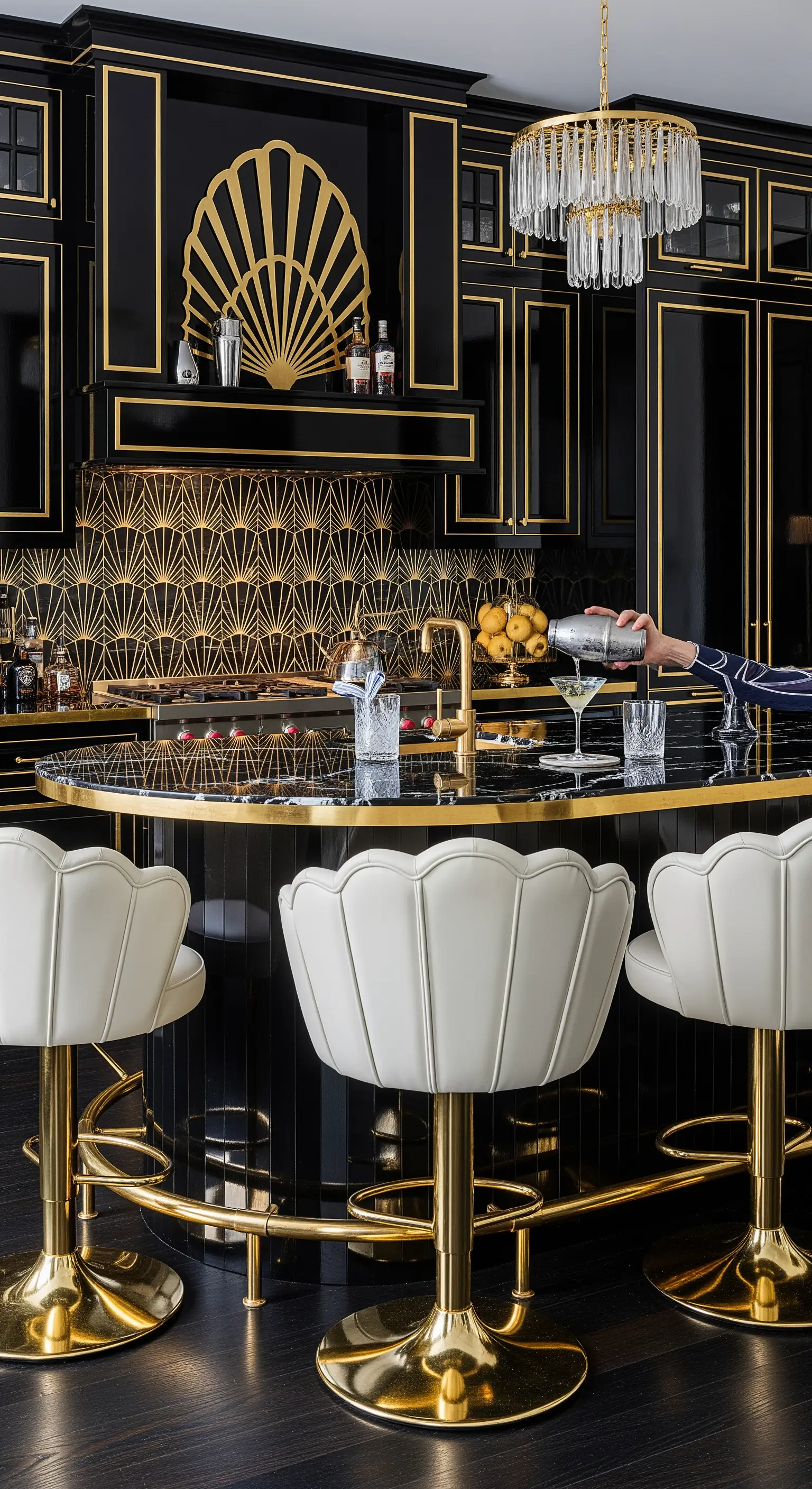 Angolo bar in stile Art Déco con dettagli dorati e sgabelli a conchiglia in pelle bianca.