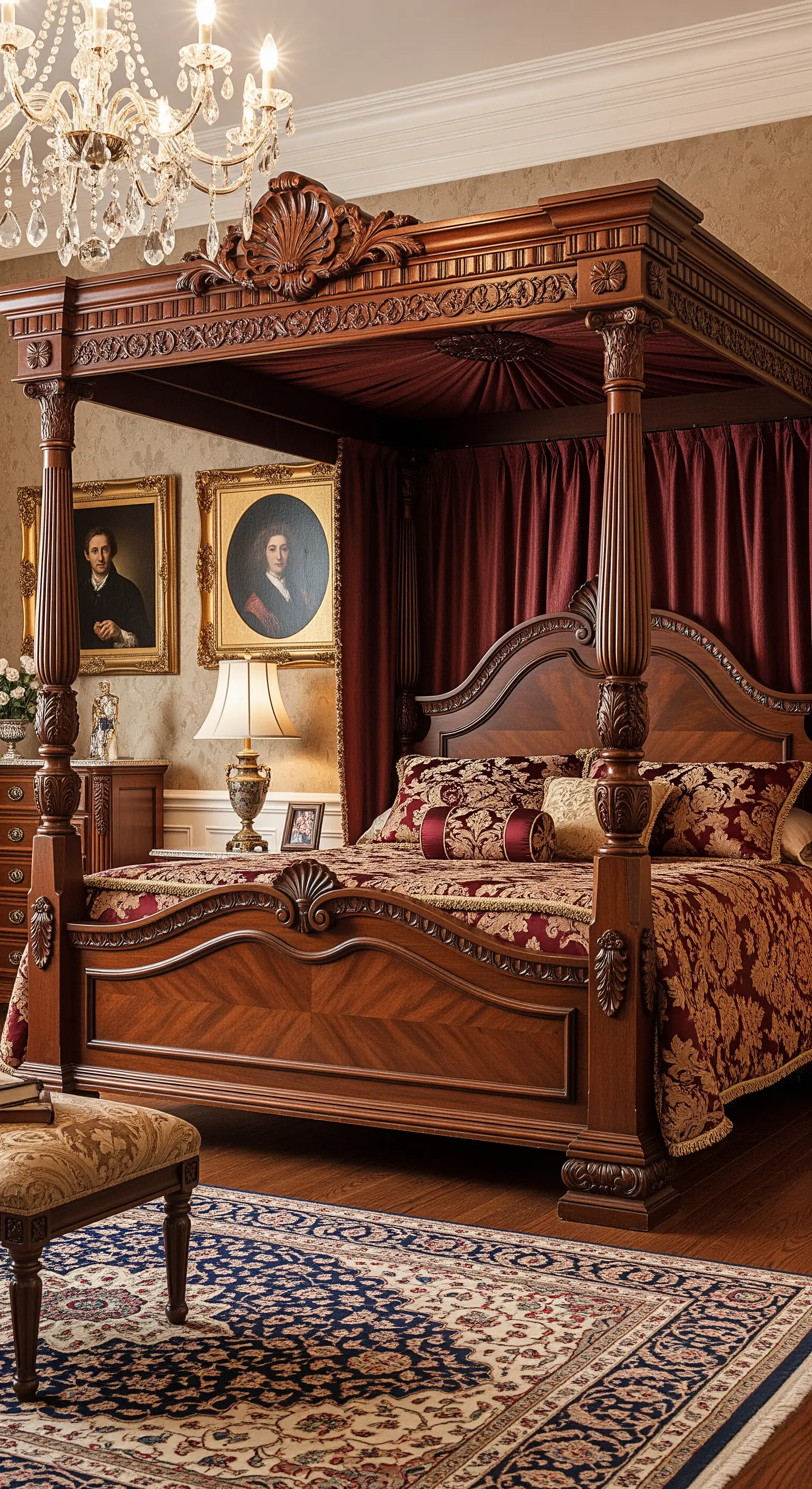 Imponente letto a baldacchino in mogano intagliato in una camera da letto in stile classico.