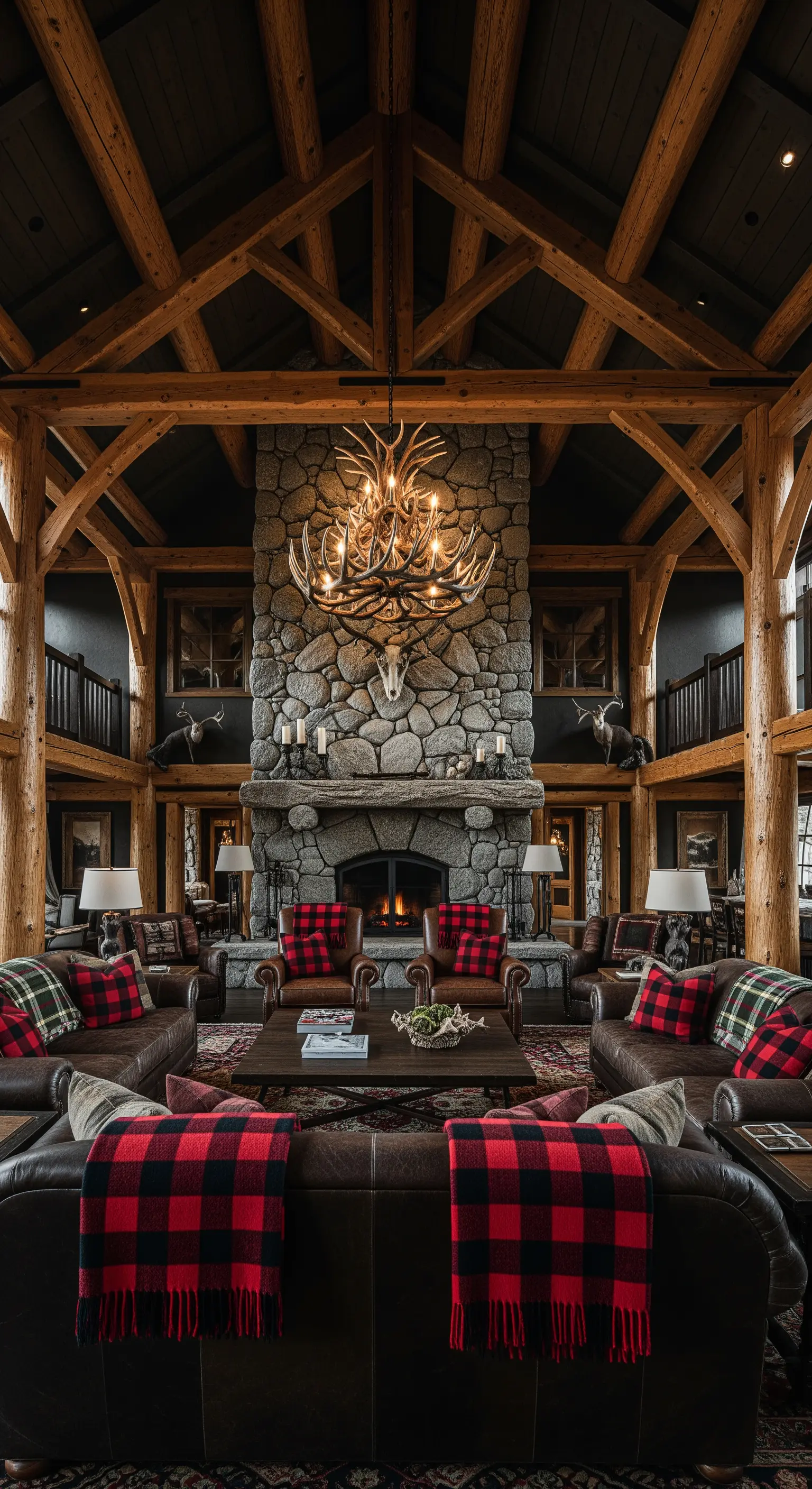 Grande salone in stile lodge con camino in pietra, divani in pelle e plaid scozzesi rossi