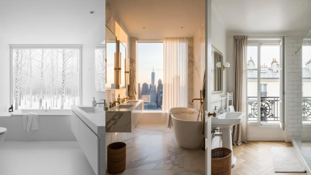 Bagni luminosi con grandi finestre e tende in lino leggero, inondati di luce panoramica.