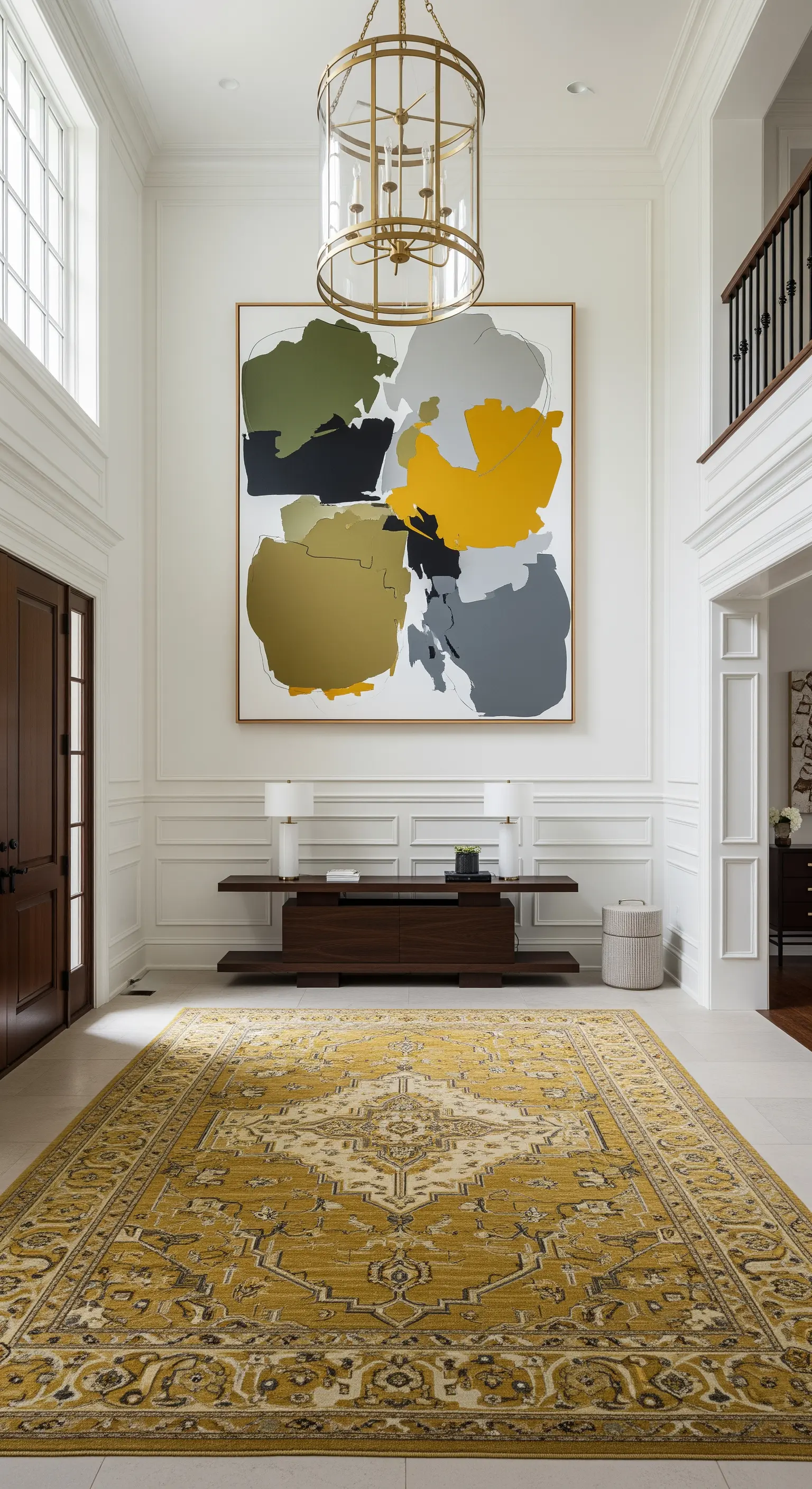 Ingresso a doppia altezza con grande quadro astratto, tappeto senape e consolle moderna.