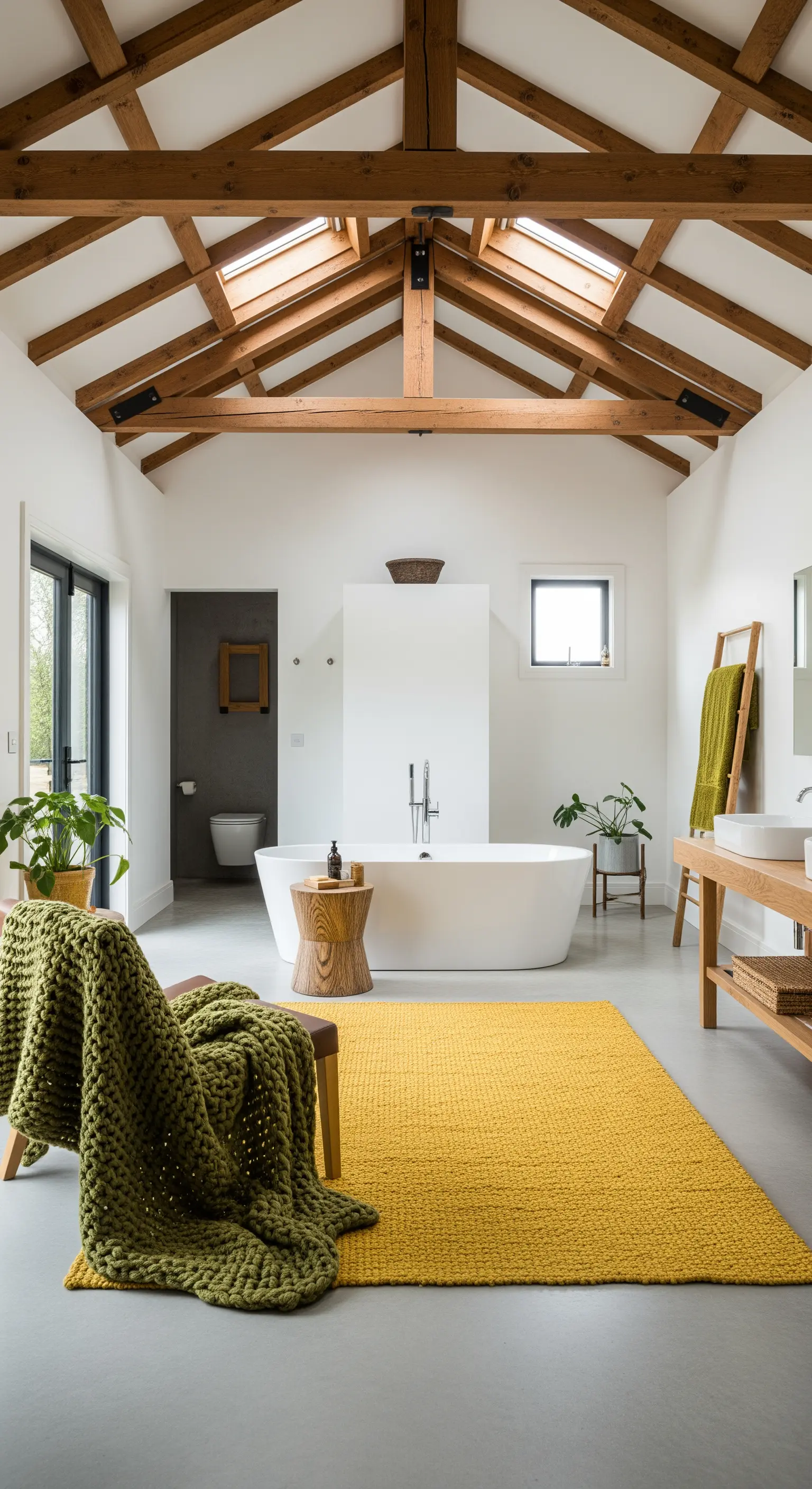 Bagno spazioso con travi a vista, grande tappeto senape e una coperta verde oliva su una sedia.